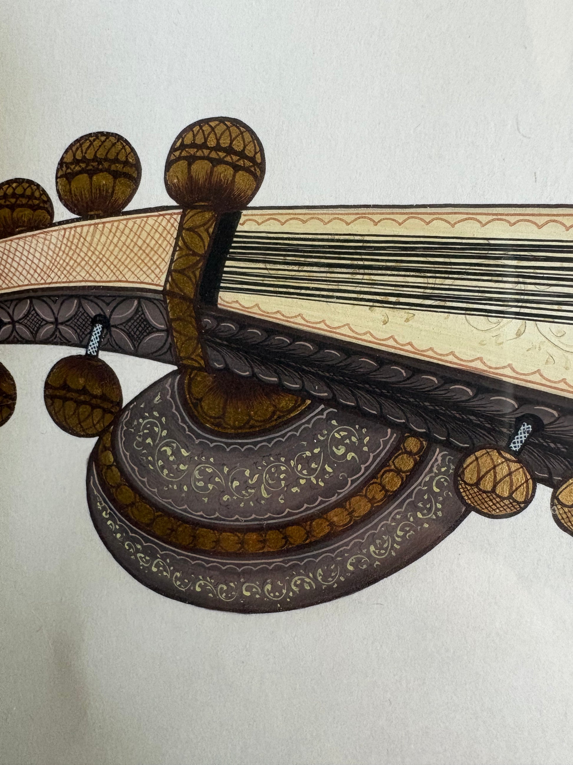 Original Indian folk art painting, Sarod musical instrument, framed art