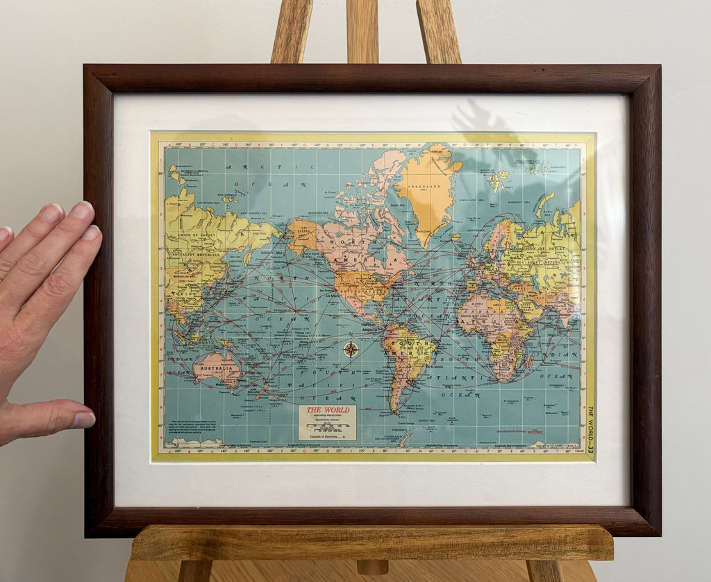 1950s vintage mid century framed map of The World