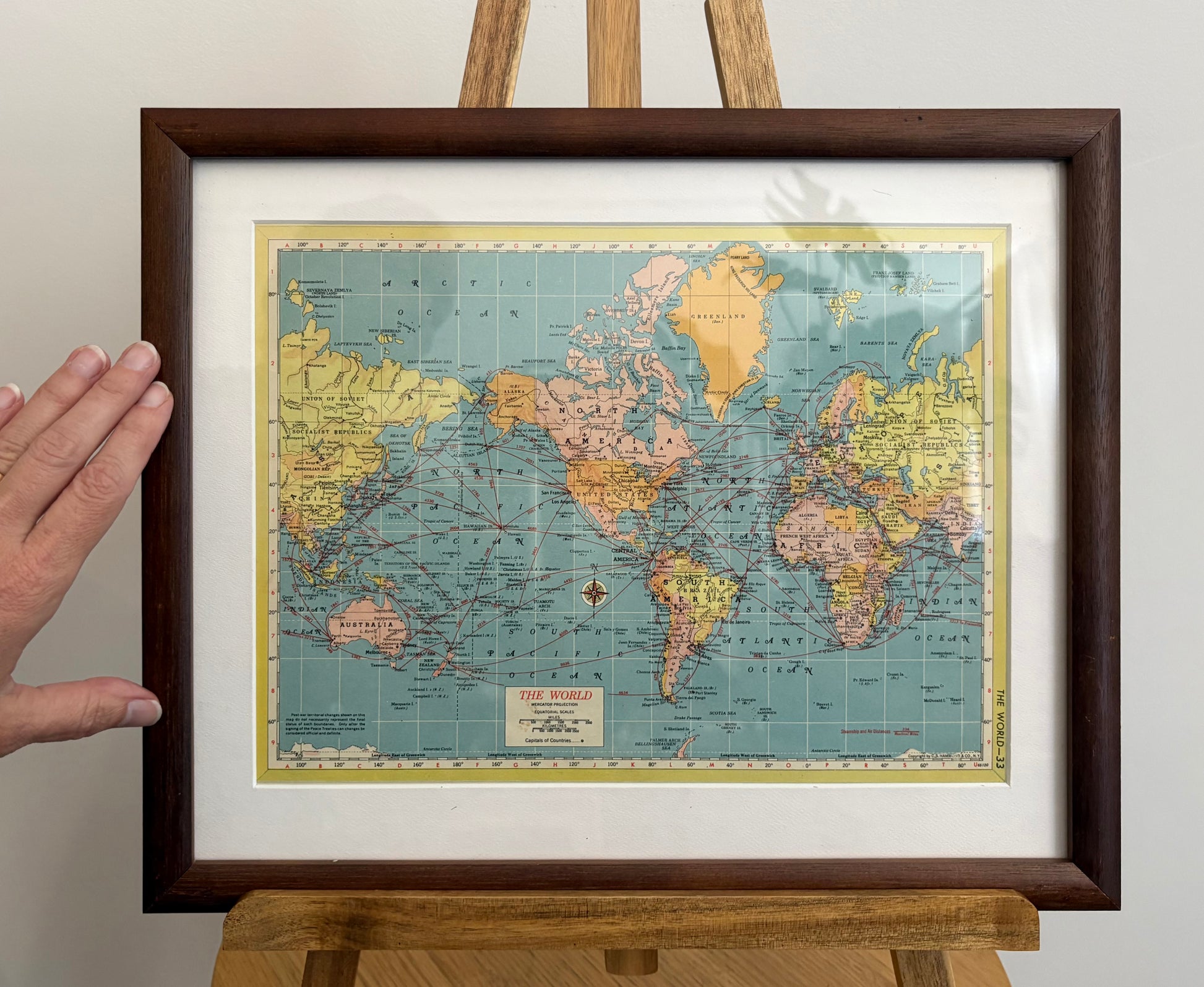 1950s vintage mid century framed map of The World