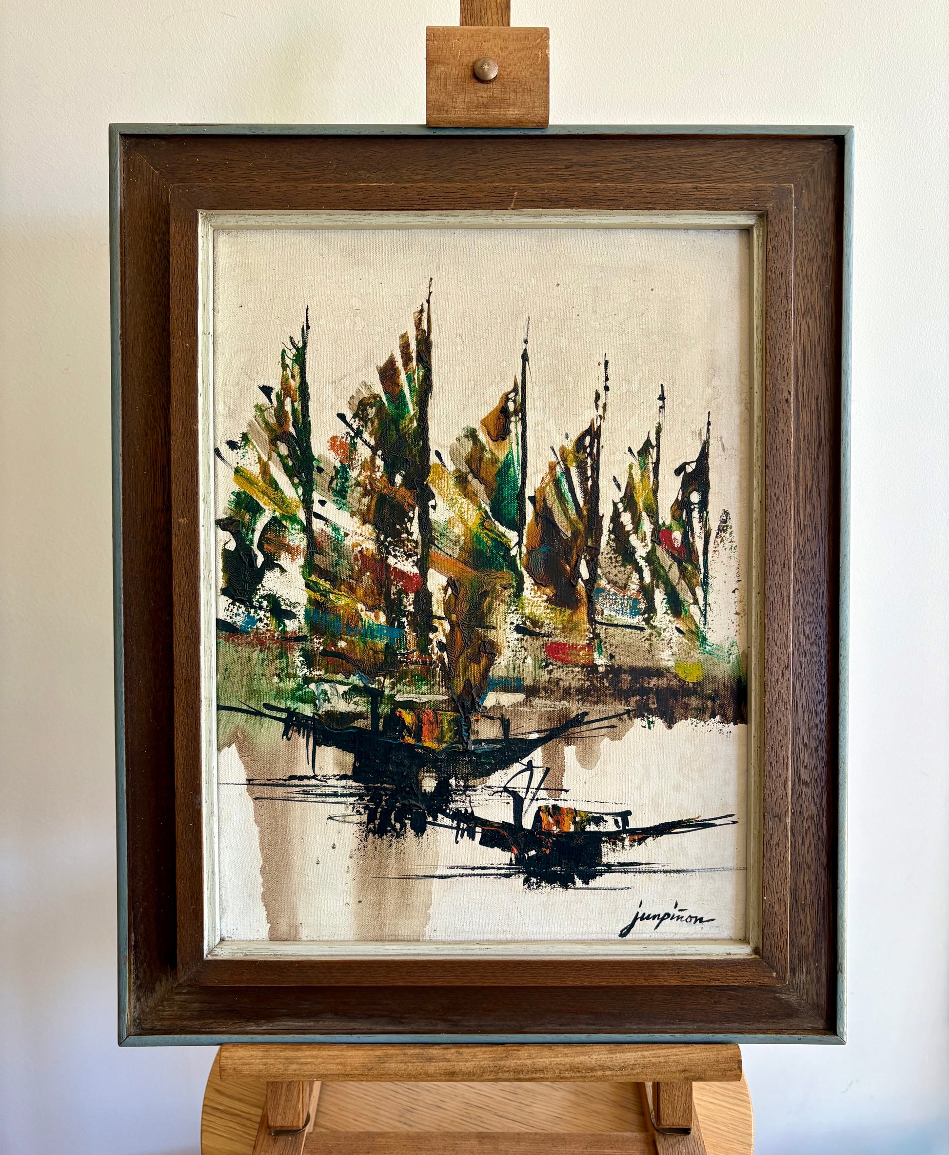 Vintage original painting on canvas, Perfecto Pinon, signed framed artwork, Modernist art