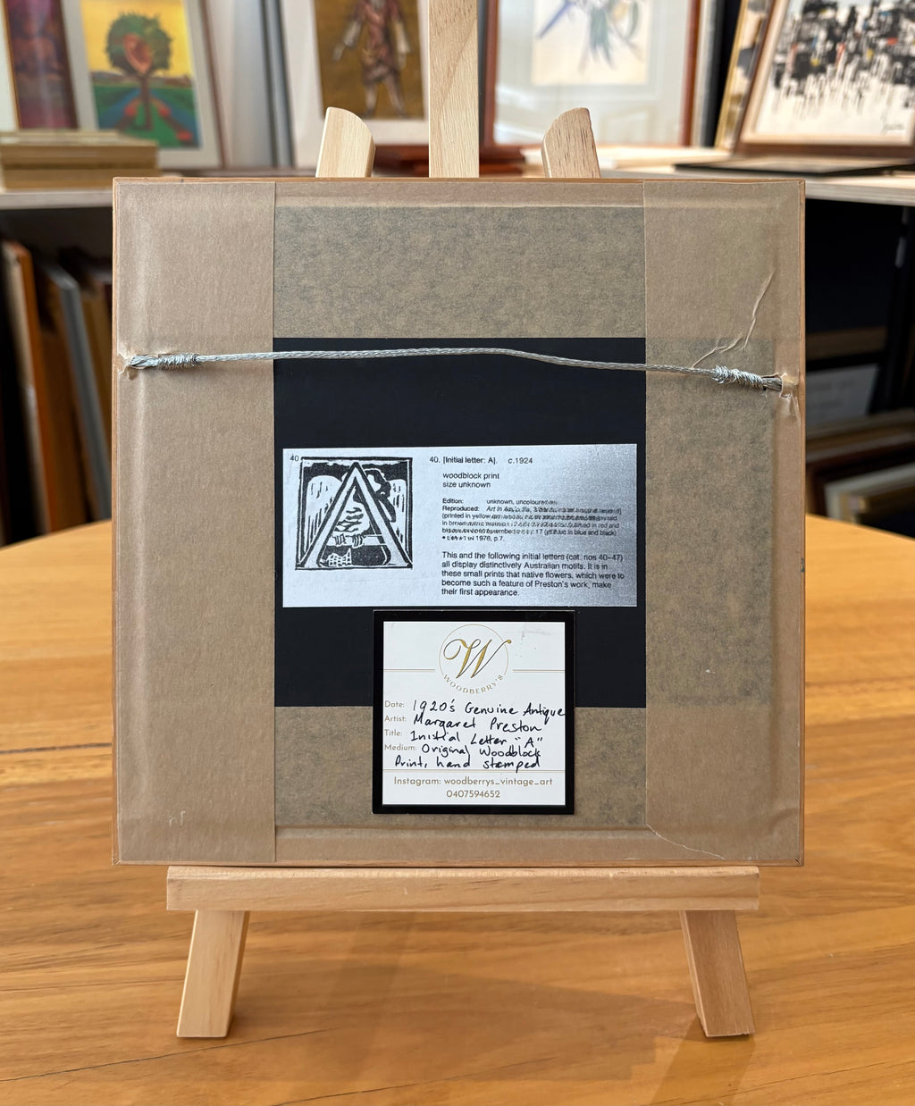 1920s Original Margaret Preston woodblock print, “Letter A”, Kookaburra, antique framed art