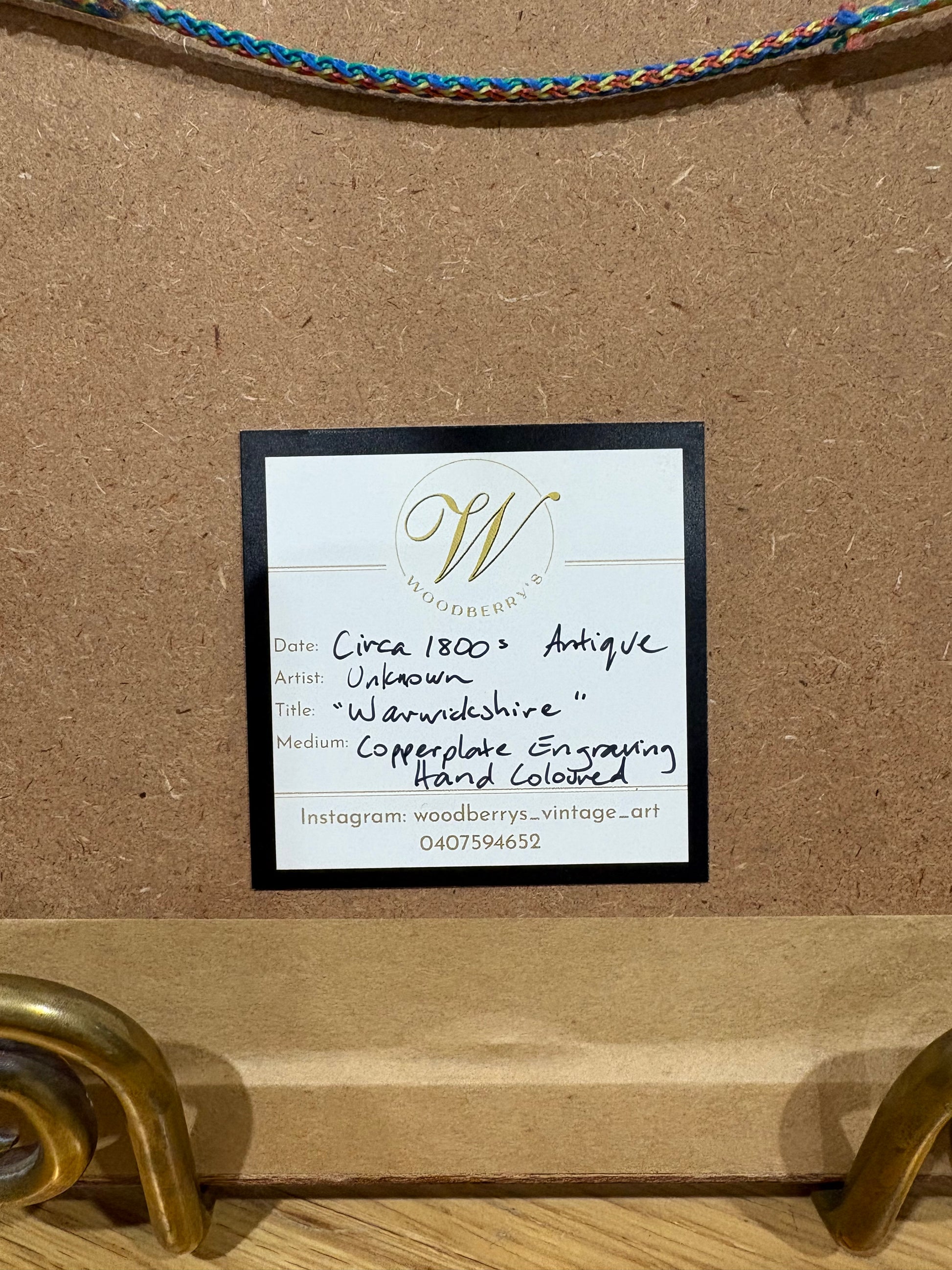 Antique miniature map, Warwickshire, hand coloured engraving, framed