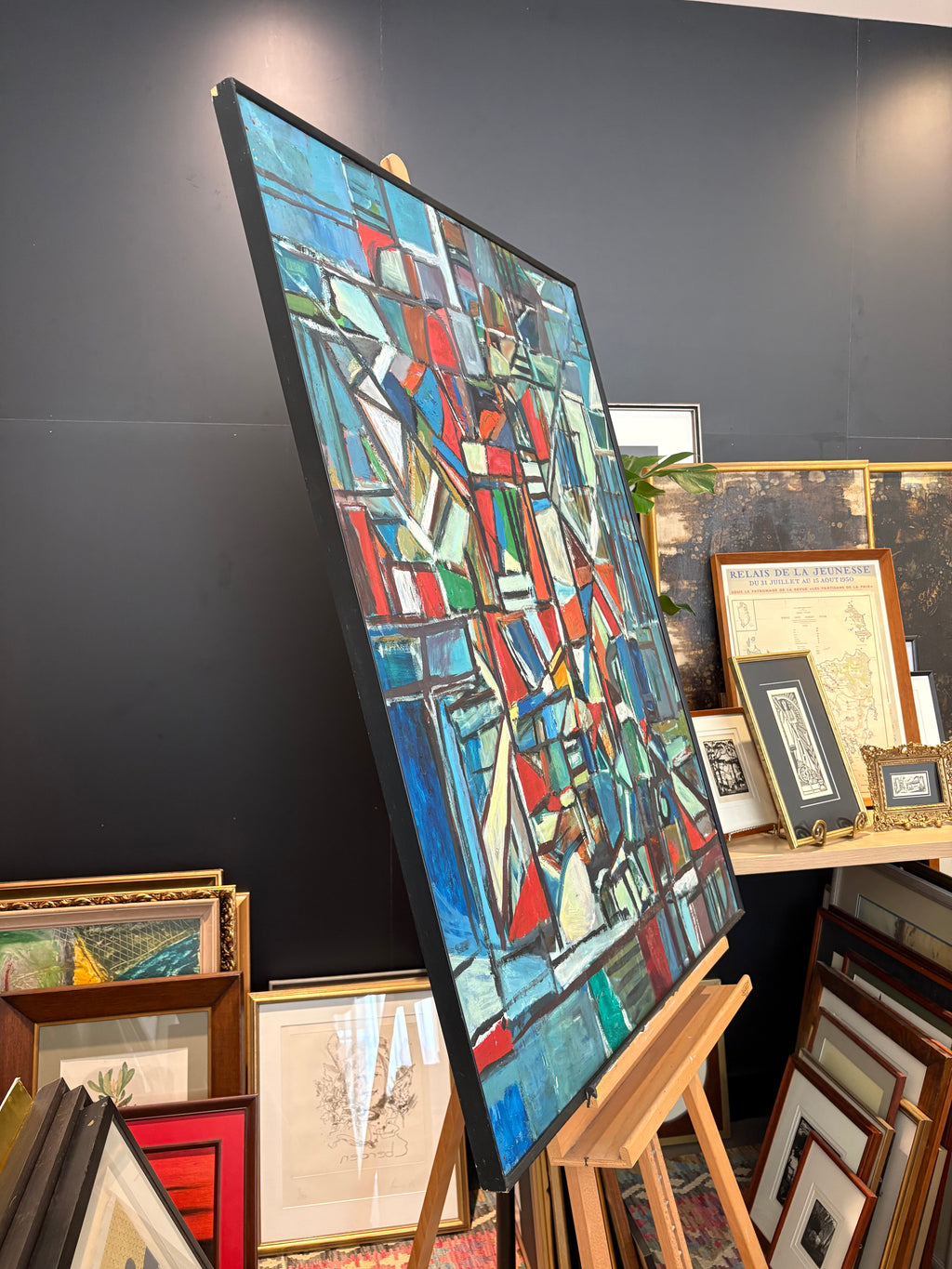 Large Mid Century original abstract Cubist painting on board, framed vintage art