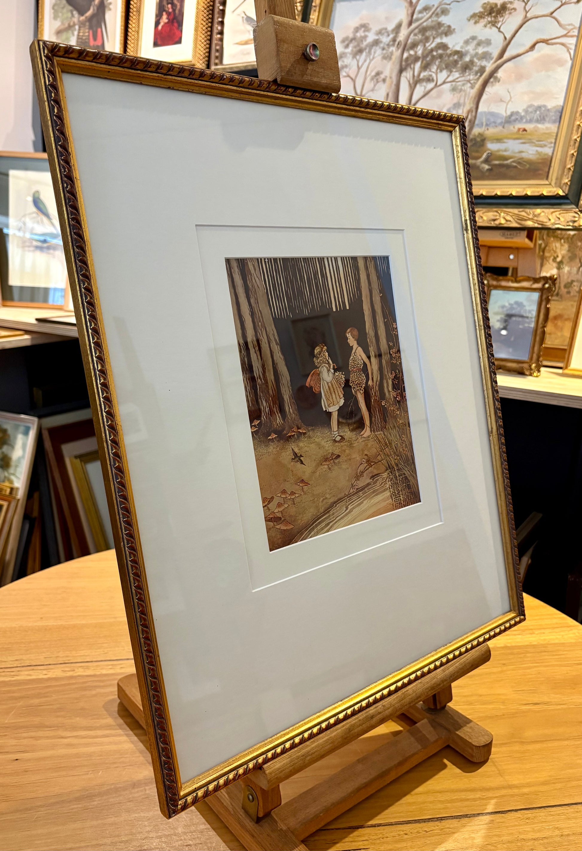 1919 Genuine antique print, Ida Rentoul Outhwaite, boy, forest, Art Deco framed art