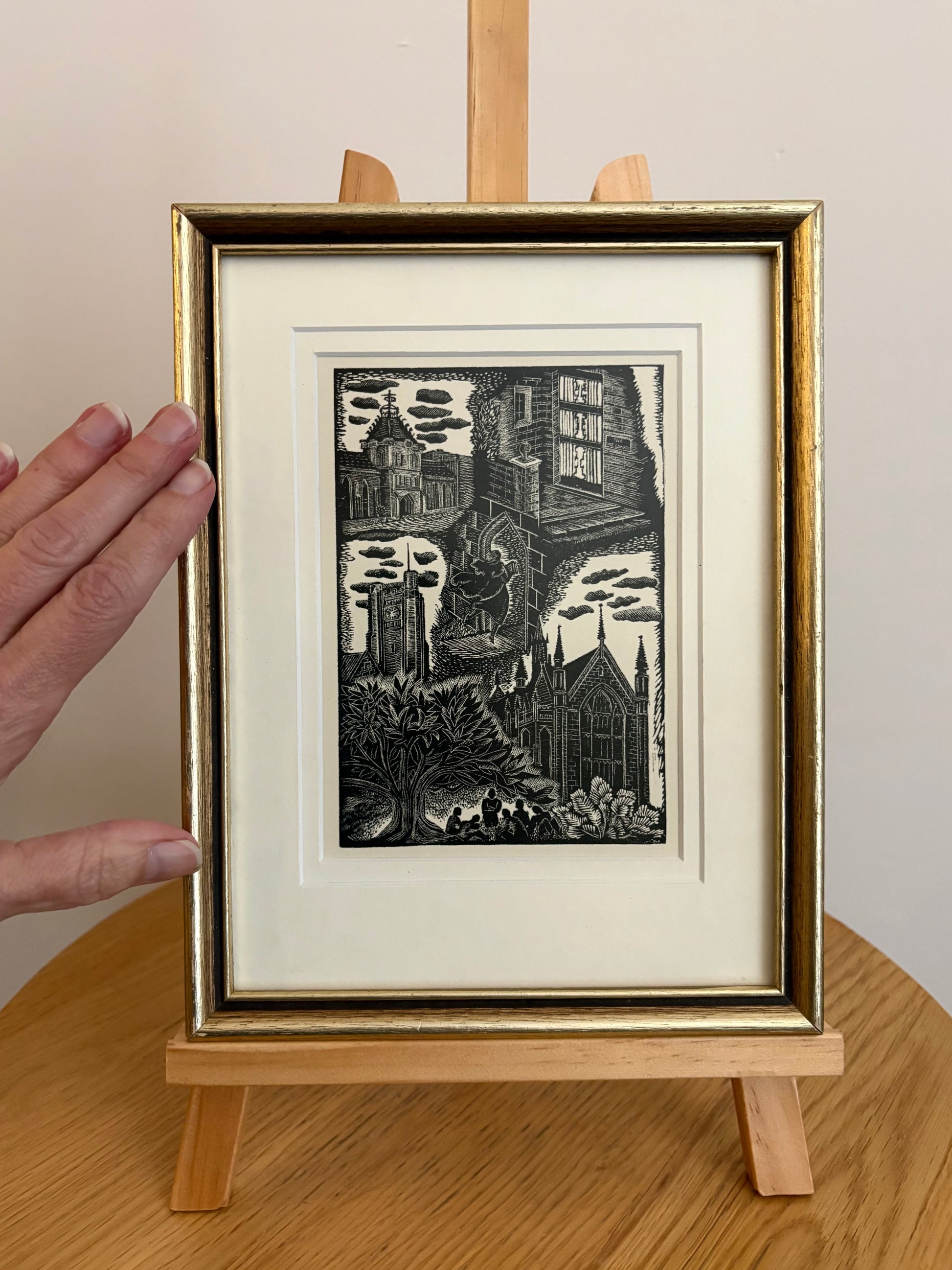 Original Helen Ogilvie woodblock print "Melbourne University", framed art, Architecture, Australian artwork