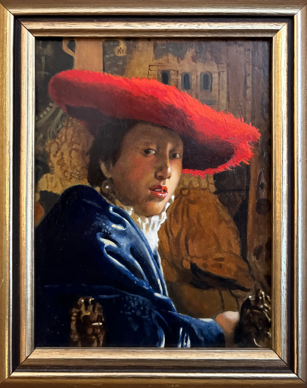 Original reproduction oil painting on board (after Vermeer), Girl in Red Hat, framed vintage art