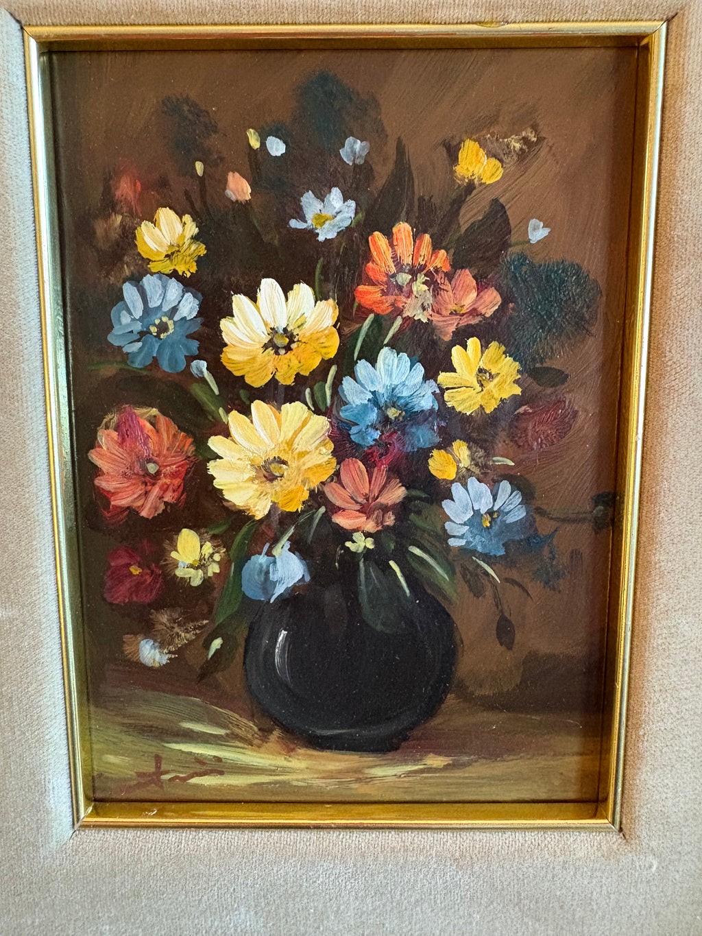 Original still-life painting on copper, daisies, framed art