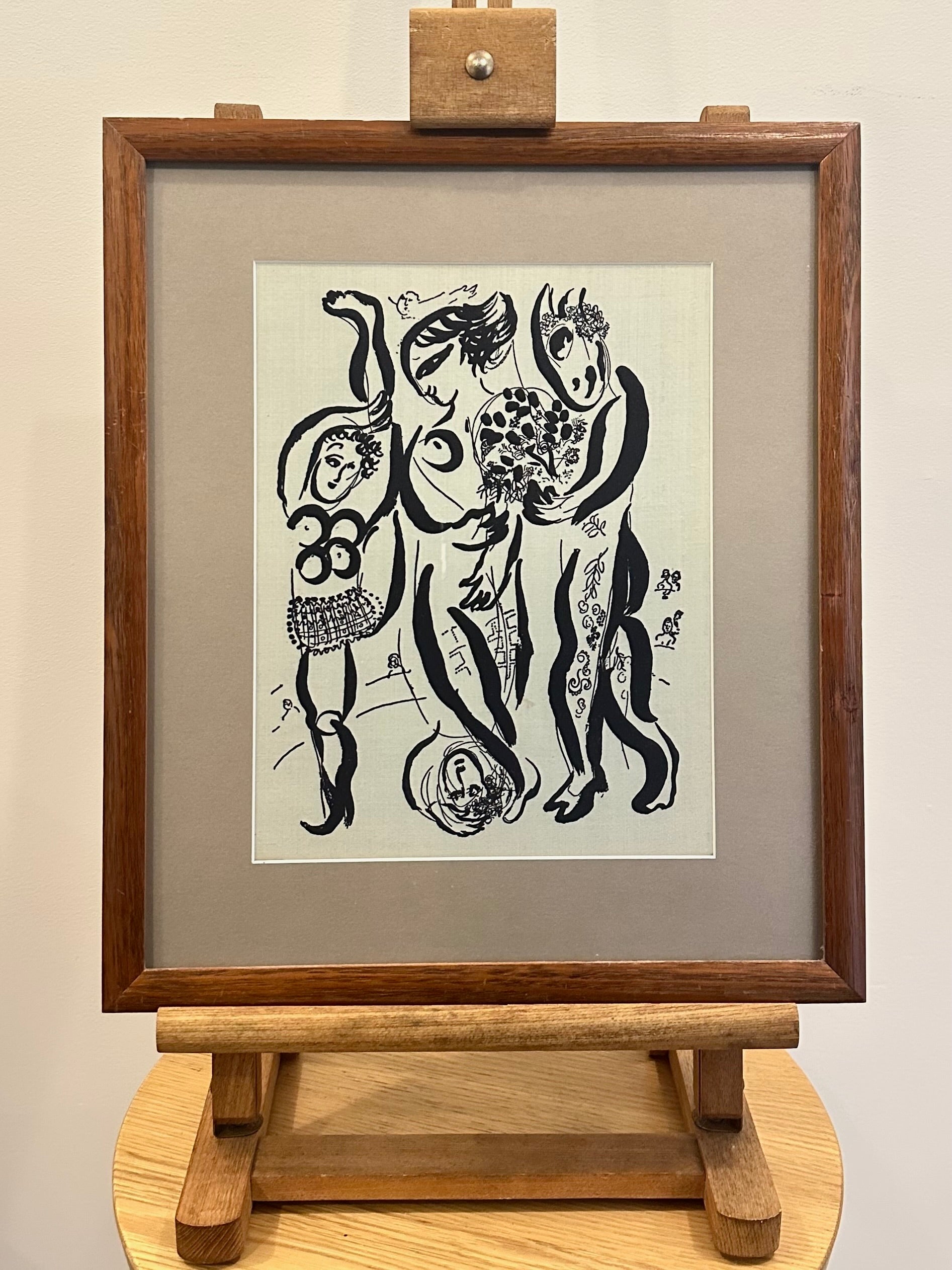 1950s vintage print on cloth, Marc Chagall, Acrobats, framed art, Mid-Century