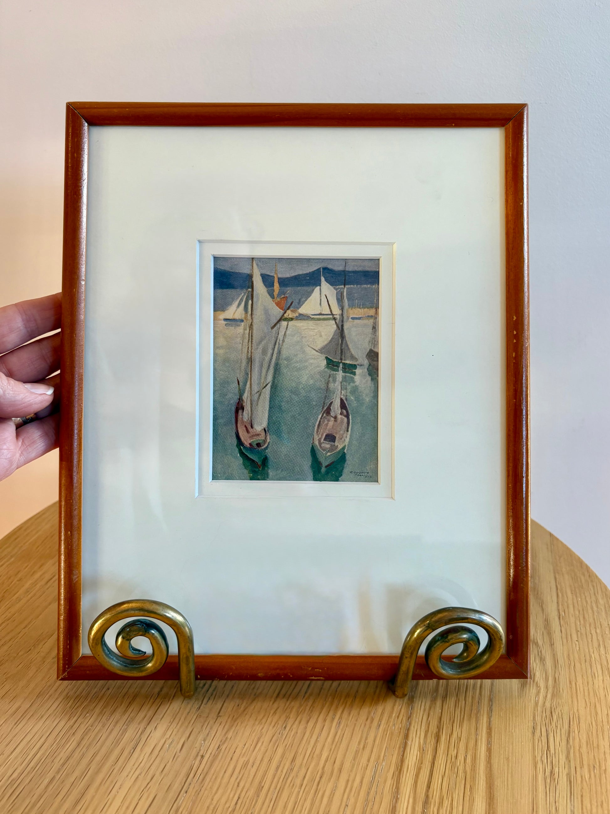 1925 Antique print, miniature, “Drying Sails”, Elioth Gruner, yachts, Australian framed artwork