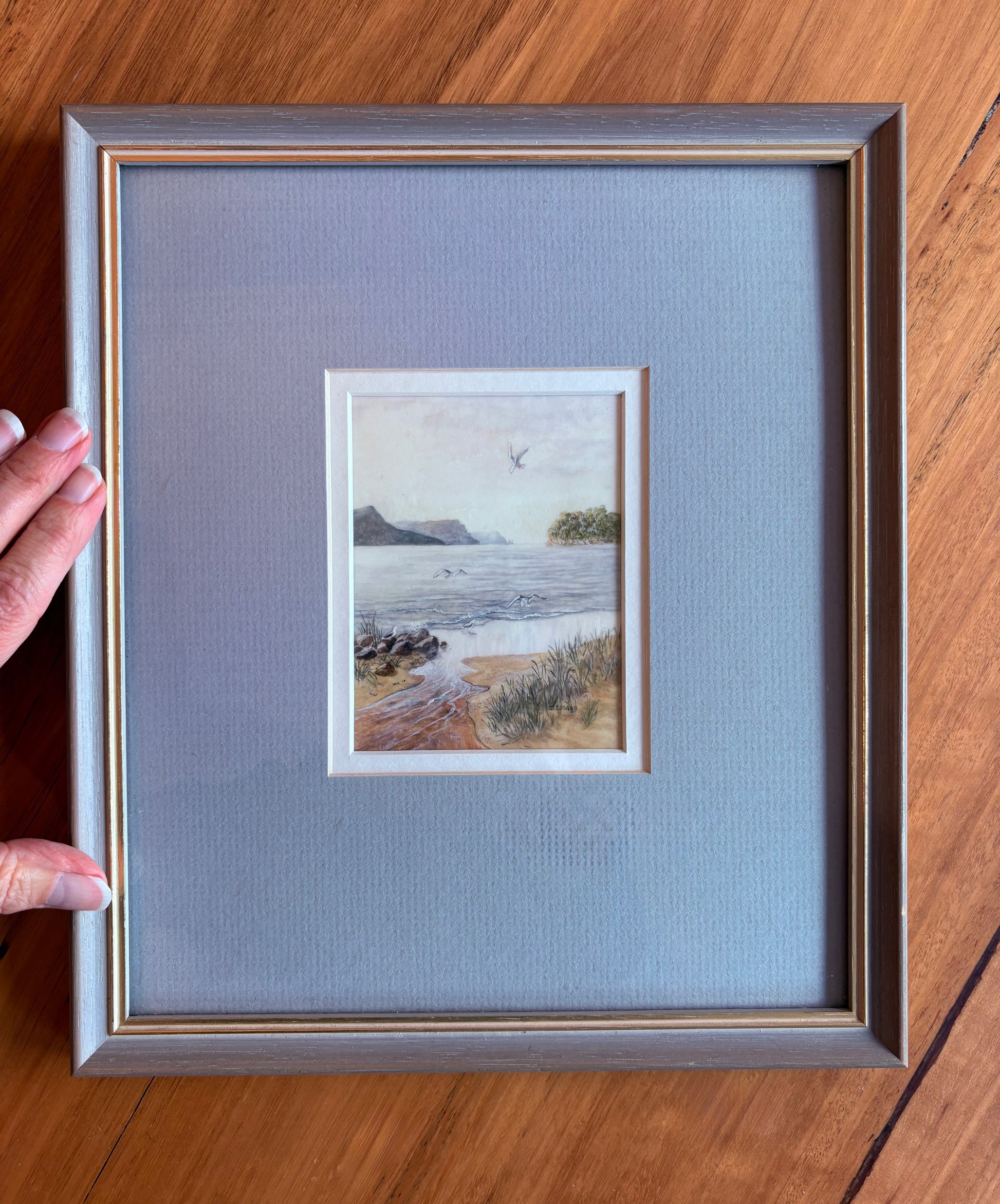 Original Jim Stagg miniature painting, seaside with seagulls, Surrealism, vintage framed art