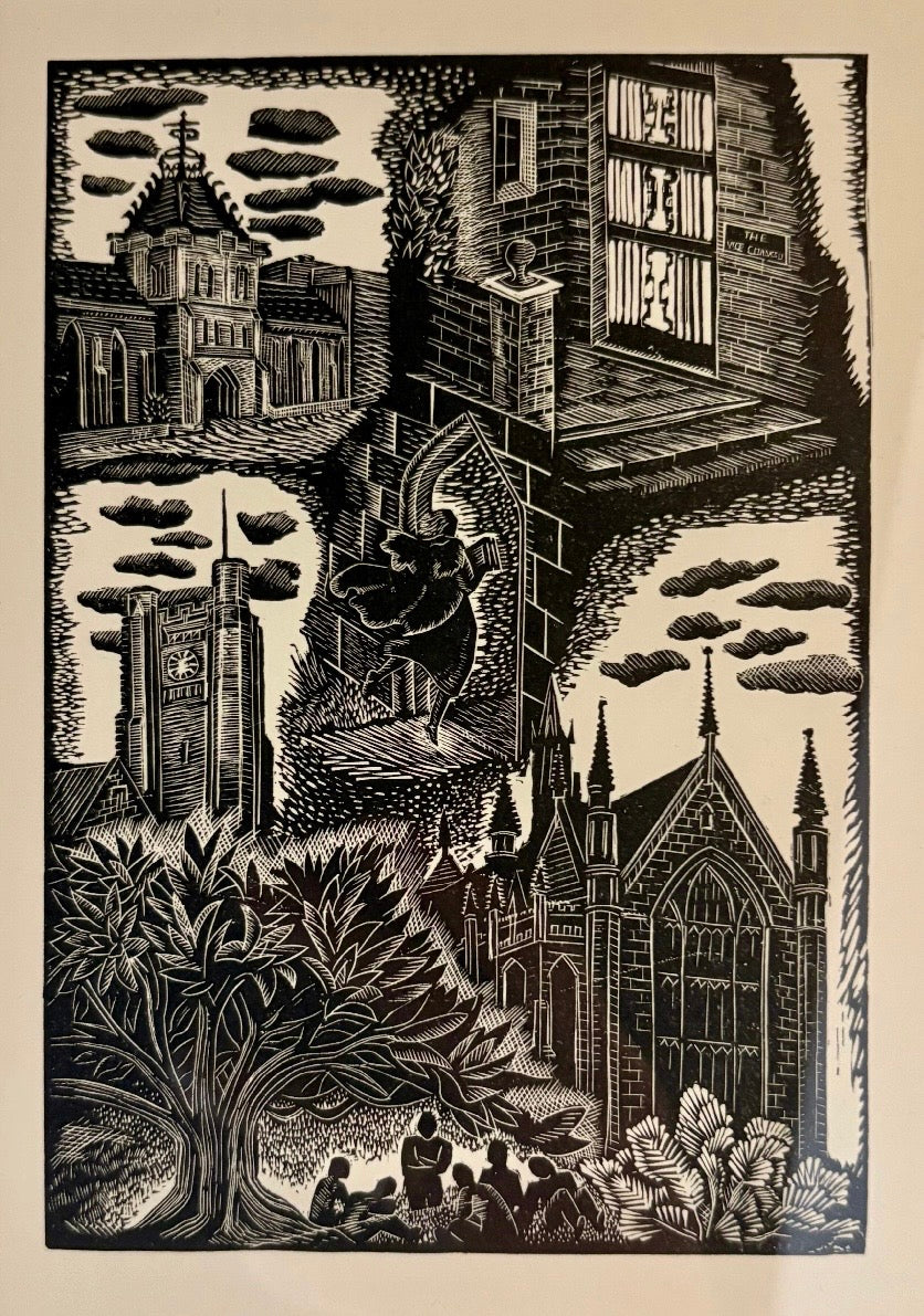 Original Helen Ogilvie woodblock print "Melbourne University", framed art, Architecture, Australian artwork