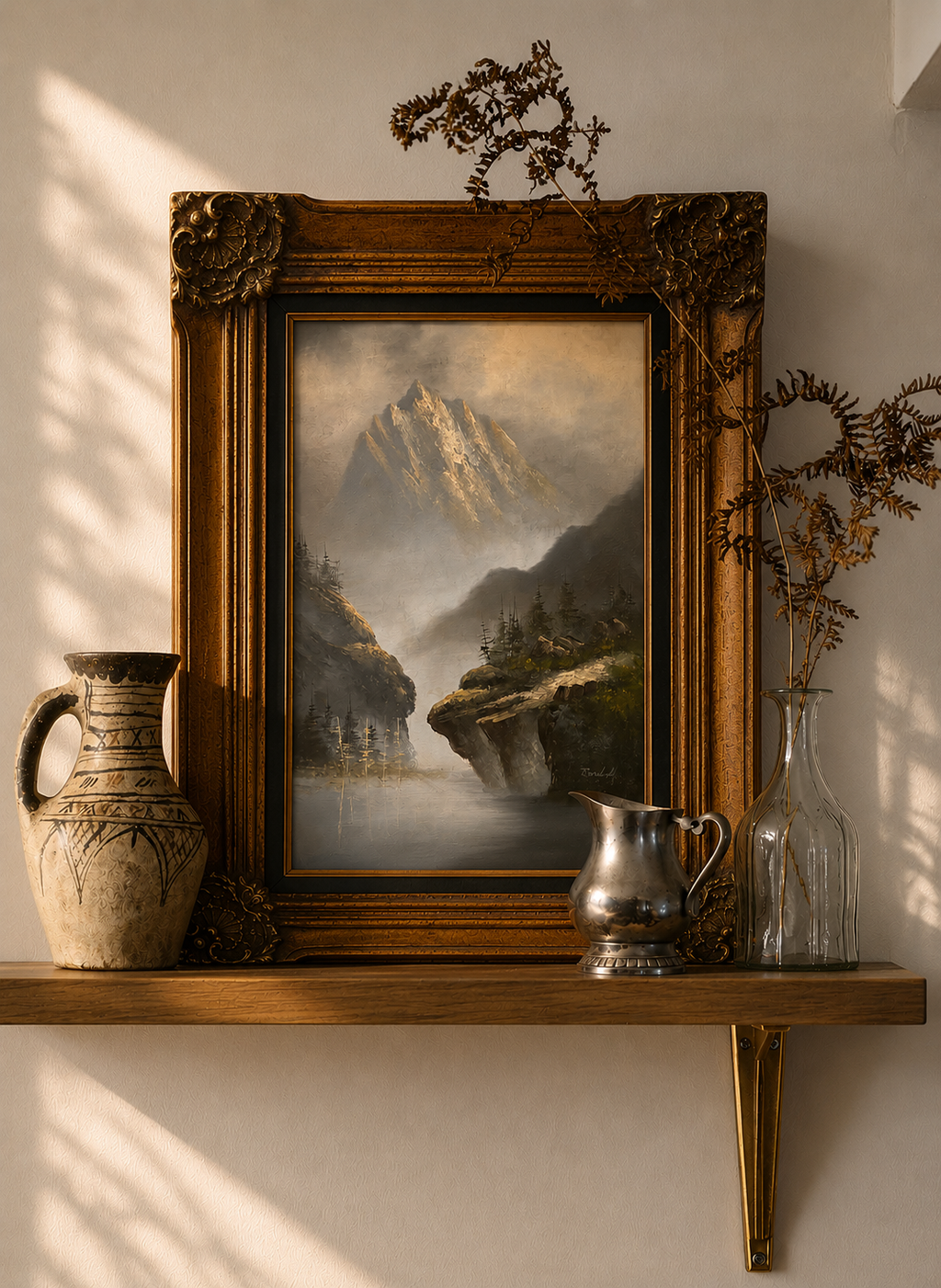 Original vintage painting on canvas, Alpine Lake, ornate gilt frame