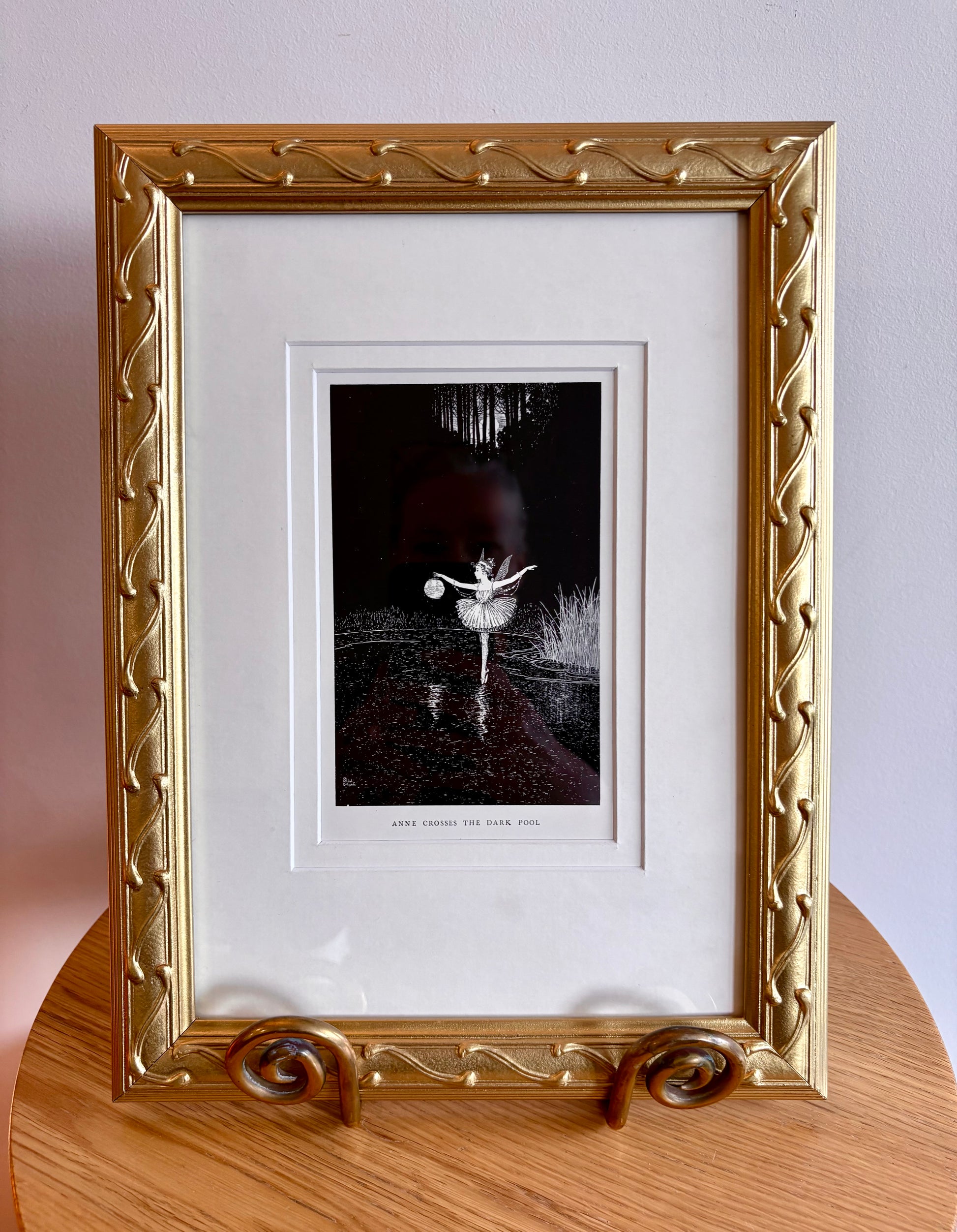 1921 Antique print, Ida Rentoul Outhwaite, "Anne Crosses the Dark Pool", framed art, fairy, Art Deco