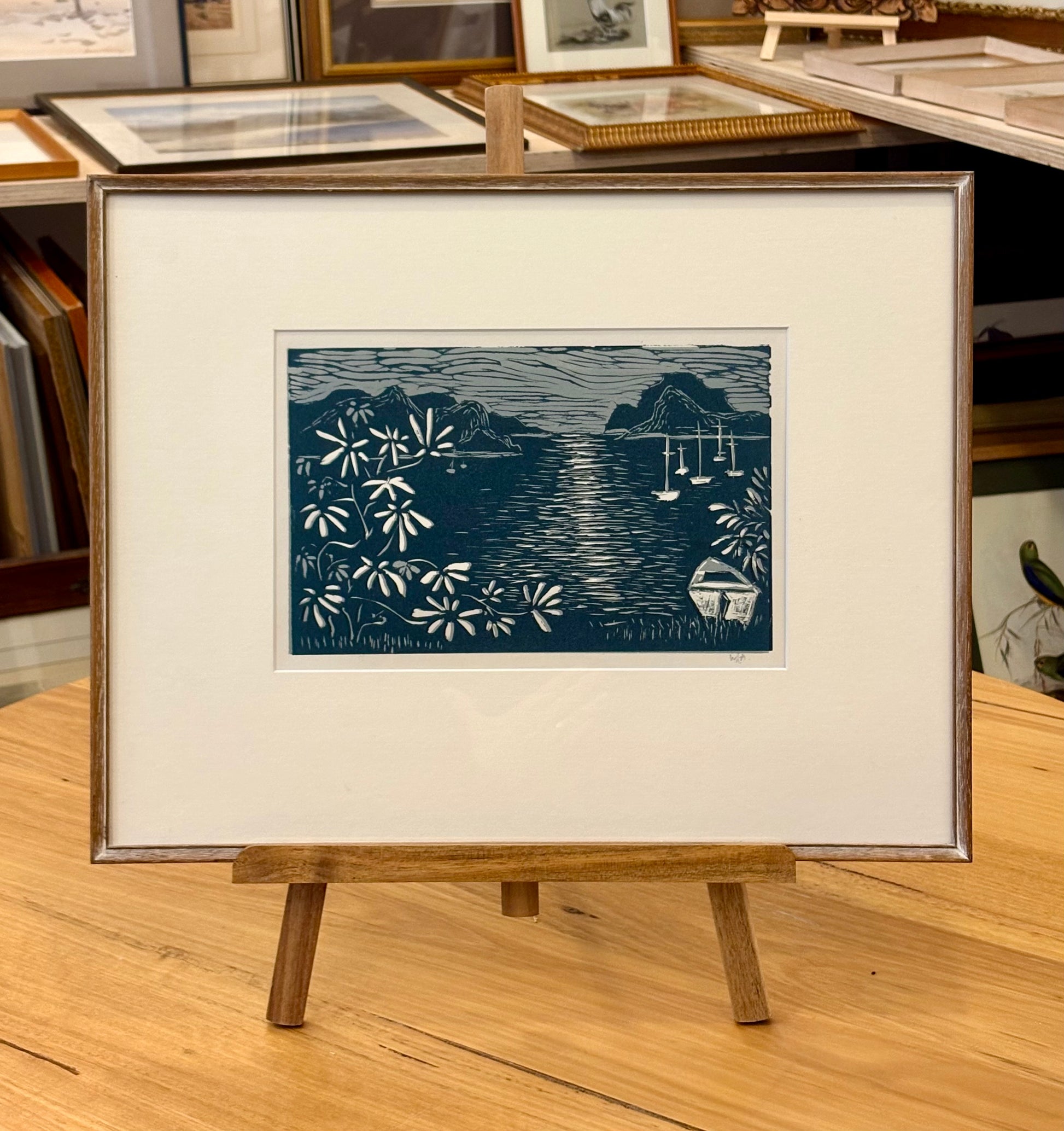 Vintage original linocut print, coastal scene, boats, signed framed art