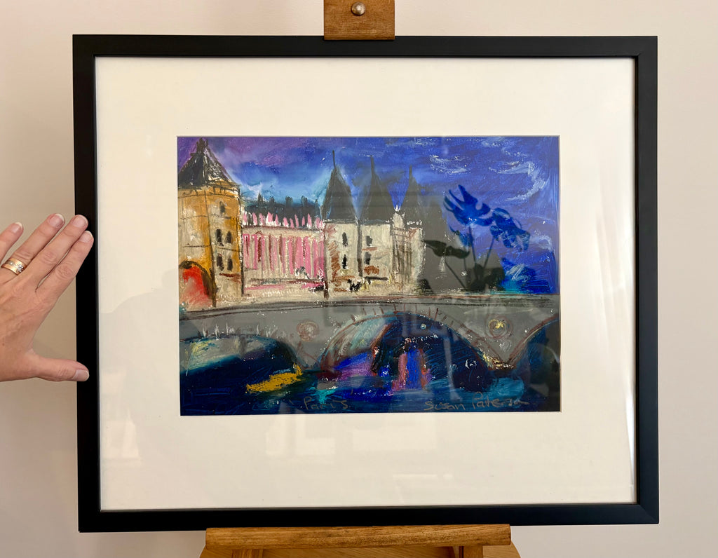 Original oil pastel, Paris, signed vintage framed art