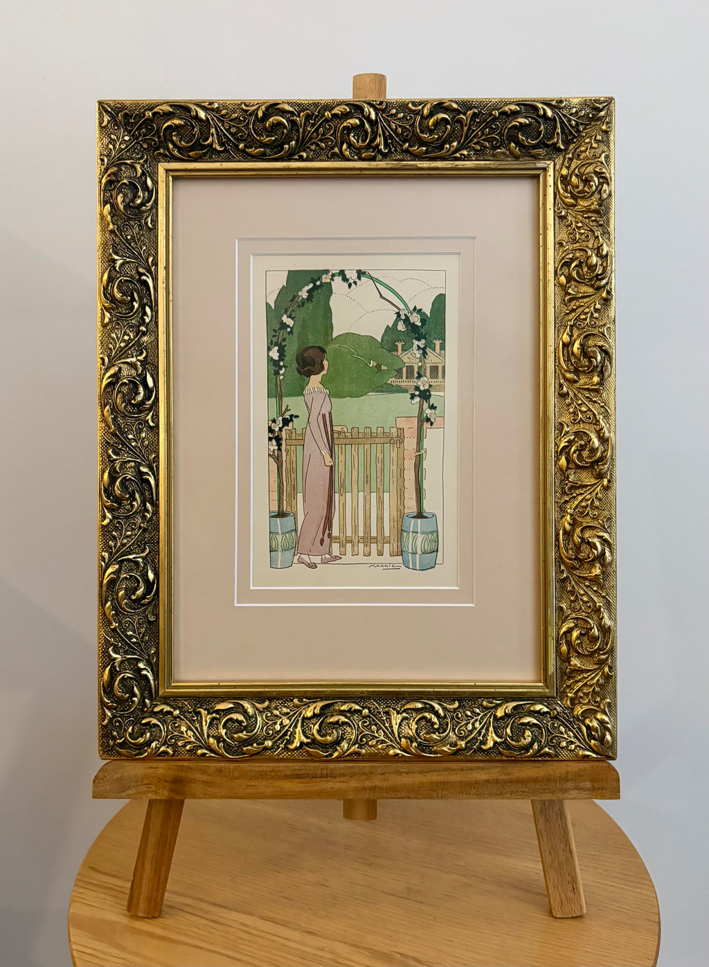 Rare original Art Deco woodblock print, 1911 antique, Maggie Salcedo, French framed art