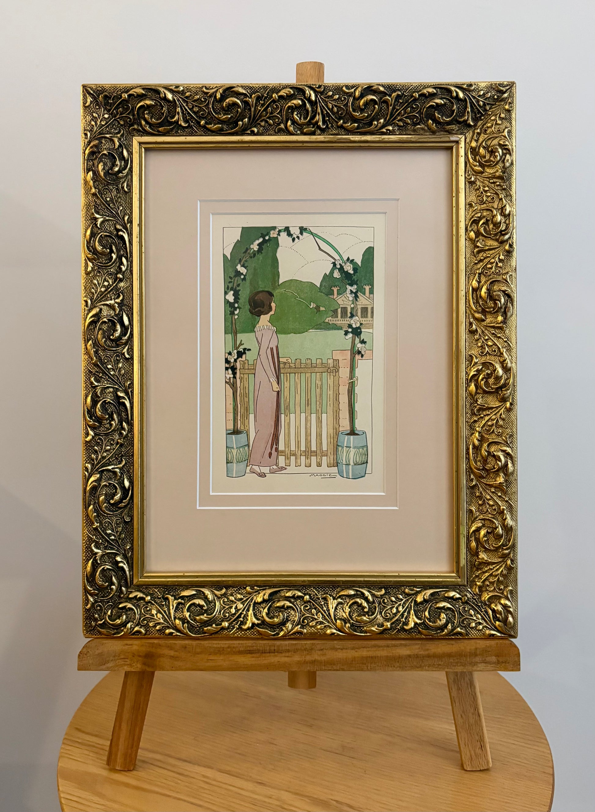 Rare original Art Deco woodblock print, 1911 antique, Maggie Salcedo, French framed art