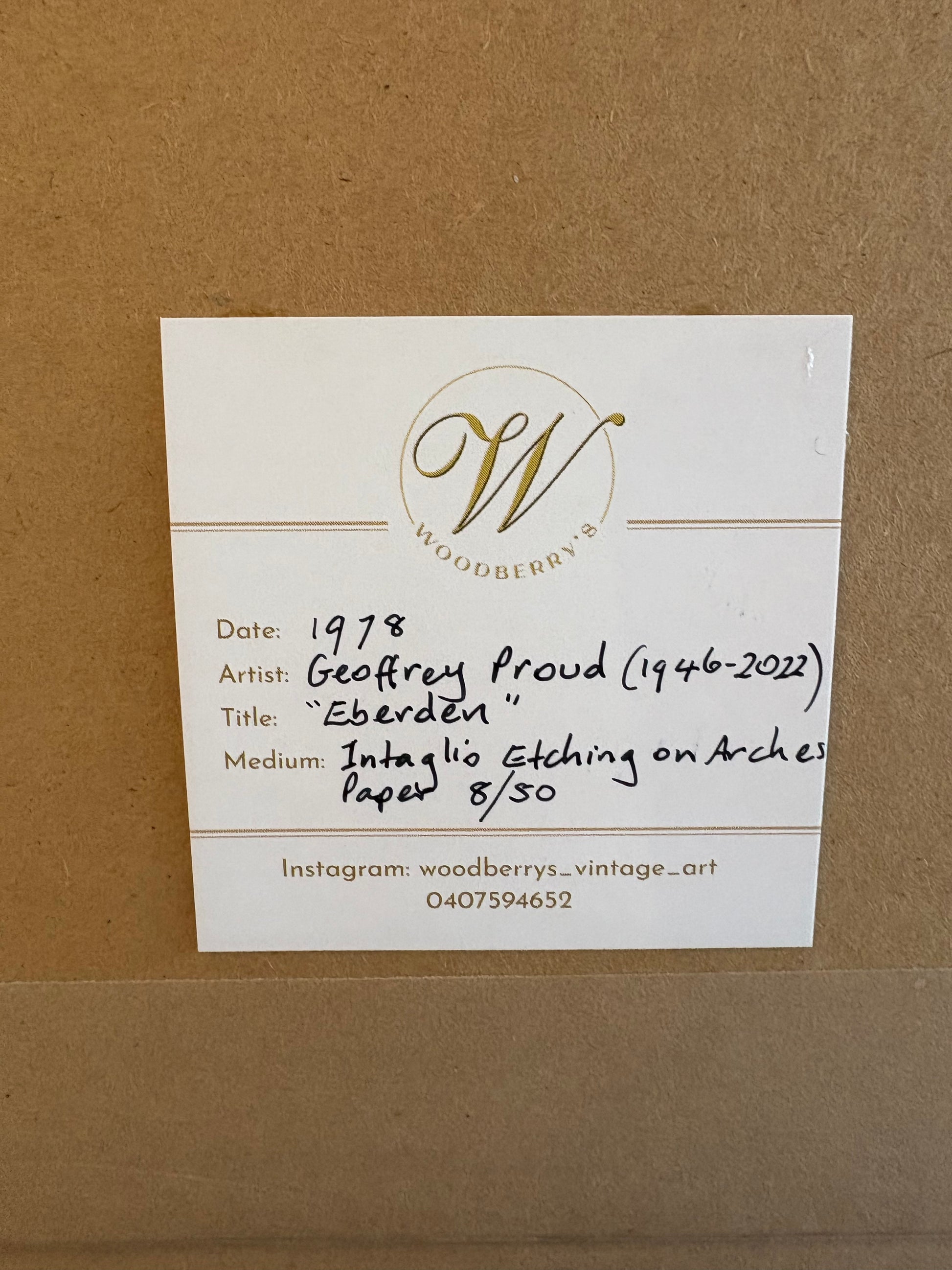 Original Geoffrey Proud intaglio etching, signed, portrait, framed vintage art 1978