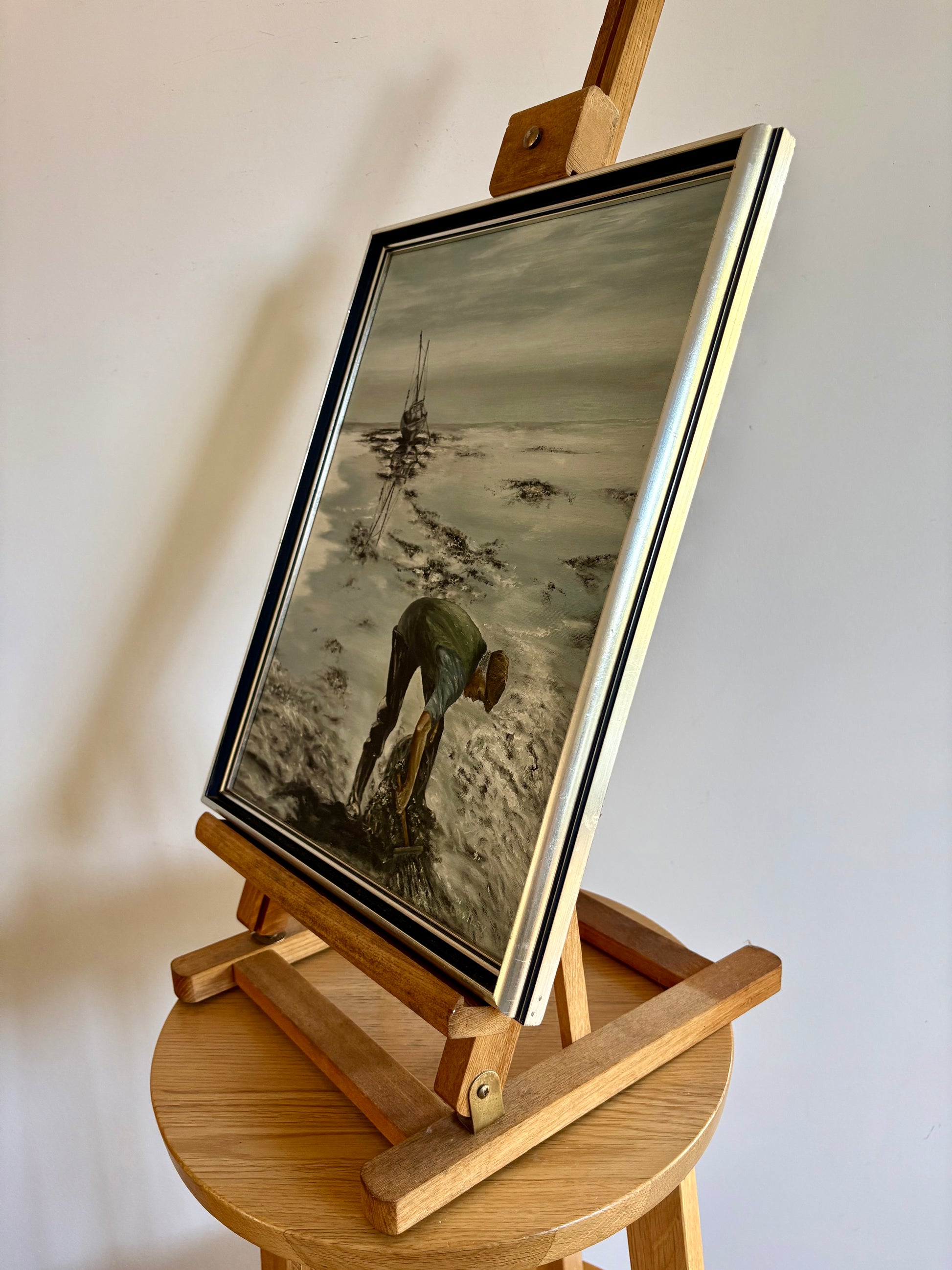 Original 1970s oil painting on board, vintage framed art, fishing