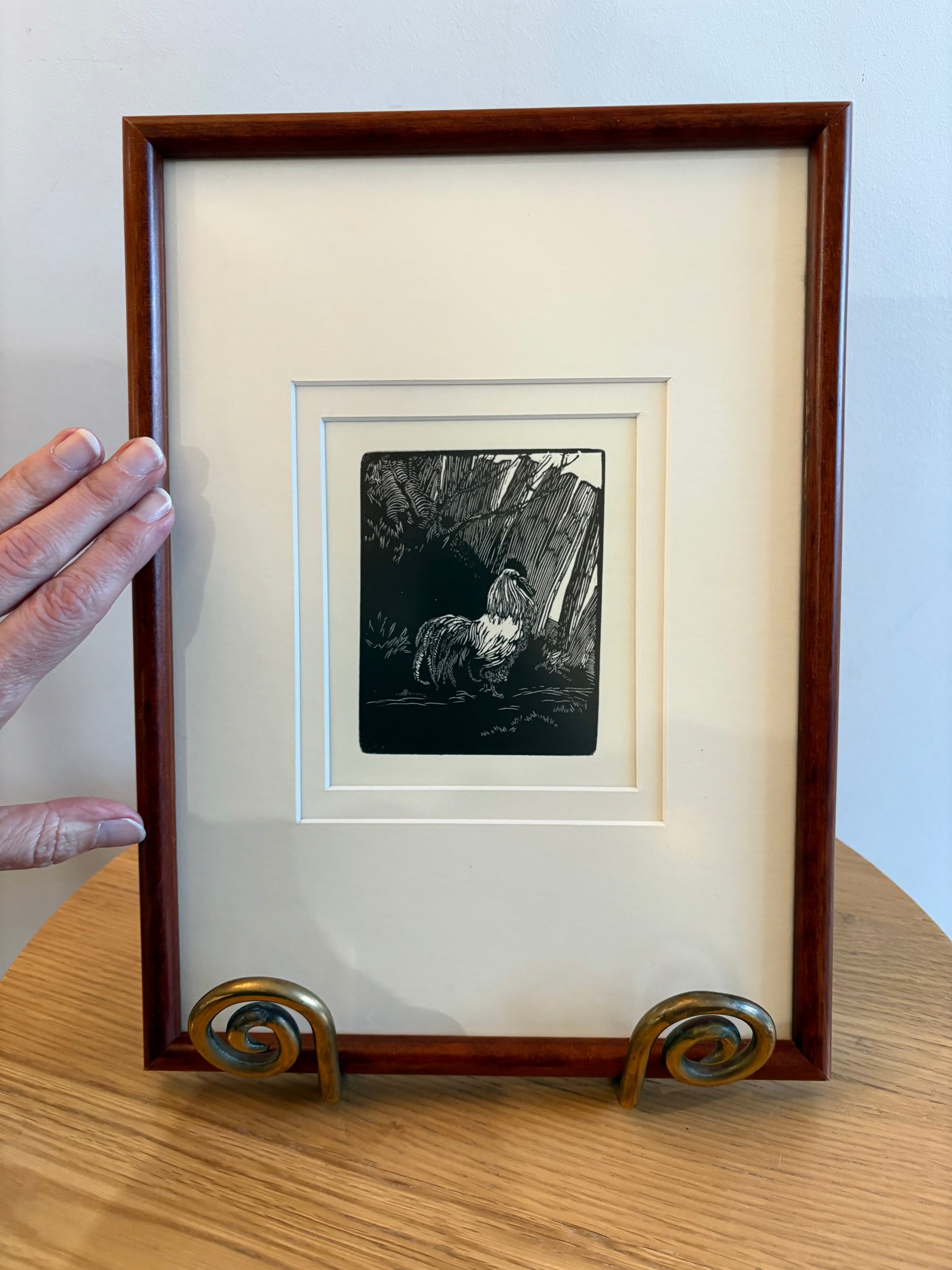 Original Helen Ogilvie woodblock print "The White Rooster", framed art, farmyard birds, Australian artwork