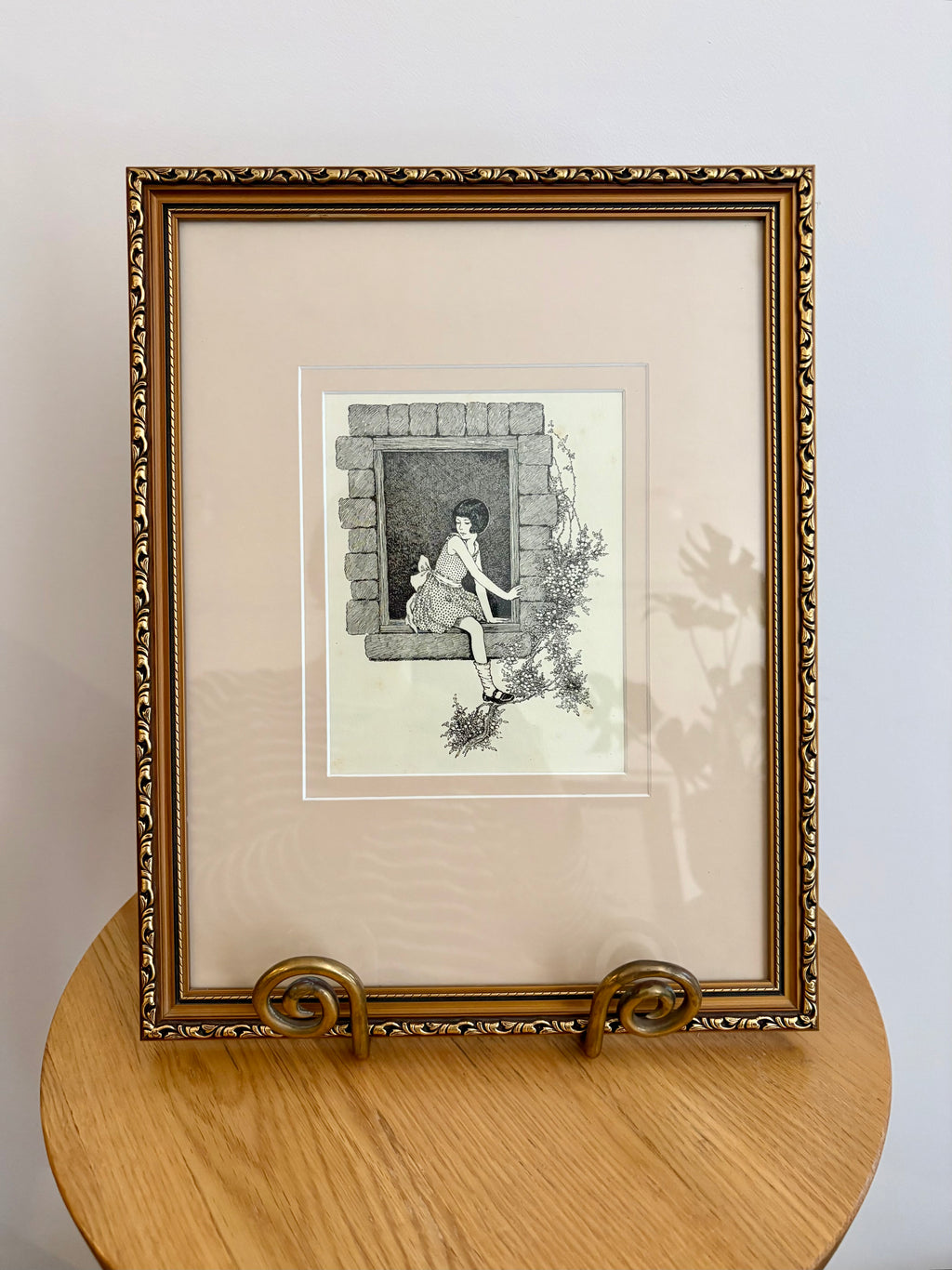 1930s Genuine antique print, Ida Rentoul Outhwaite, window, vintage framed art, gold