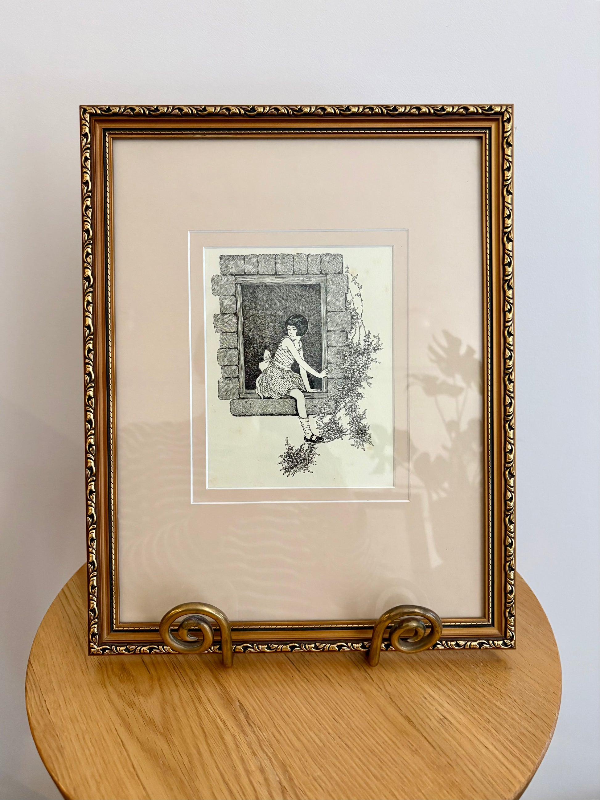 1930s Genuine antique print, Ida Rentoul Outhwaite, window, vintage framed art, gold