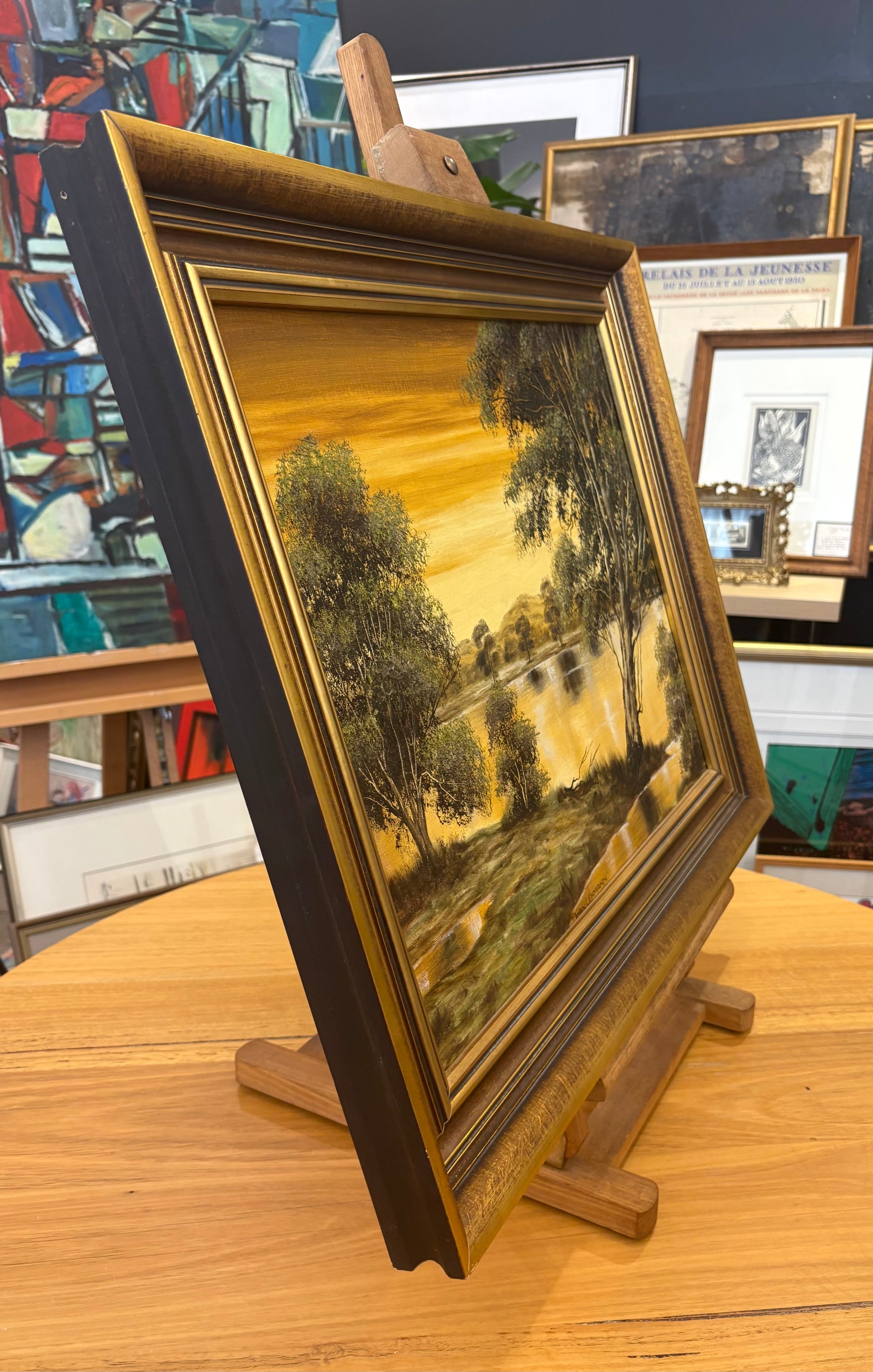 1970s original Joan Lehmann oil painting on canvas, Sunset, Australian landscape, framed art