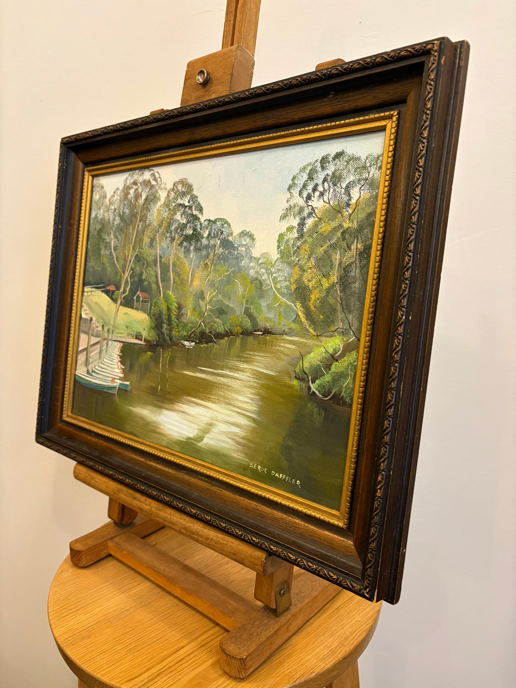 Original Serge Daeffler painting, Fairfield Boats, vintage framed artwork