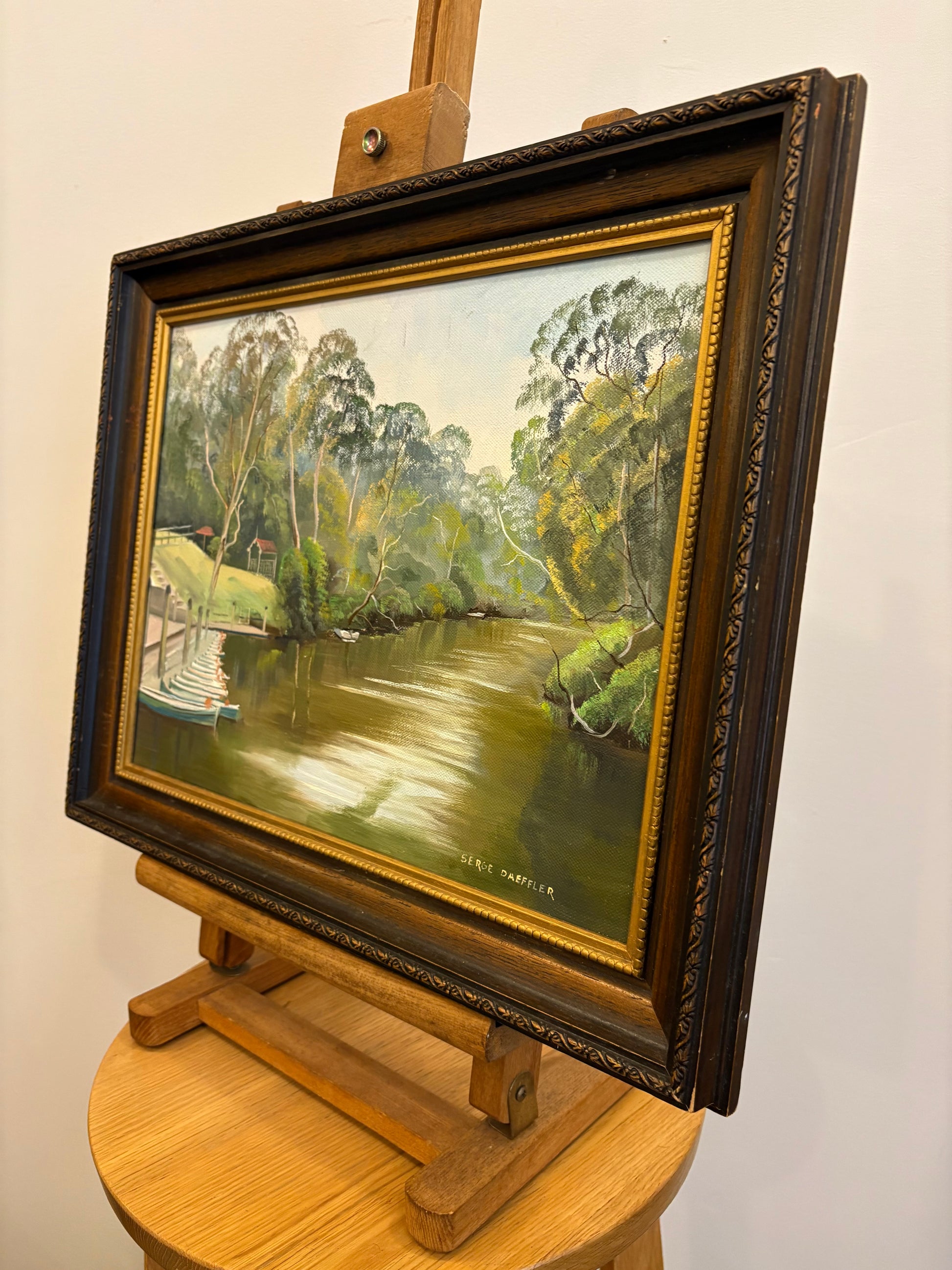 Original Serge Daeffler painting, Fairfield Boats, vintage framed artwork