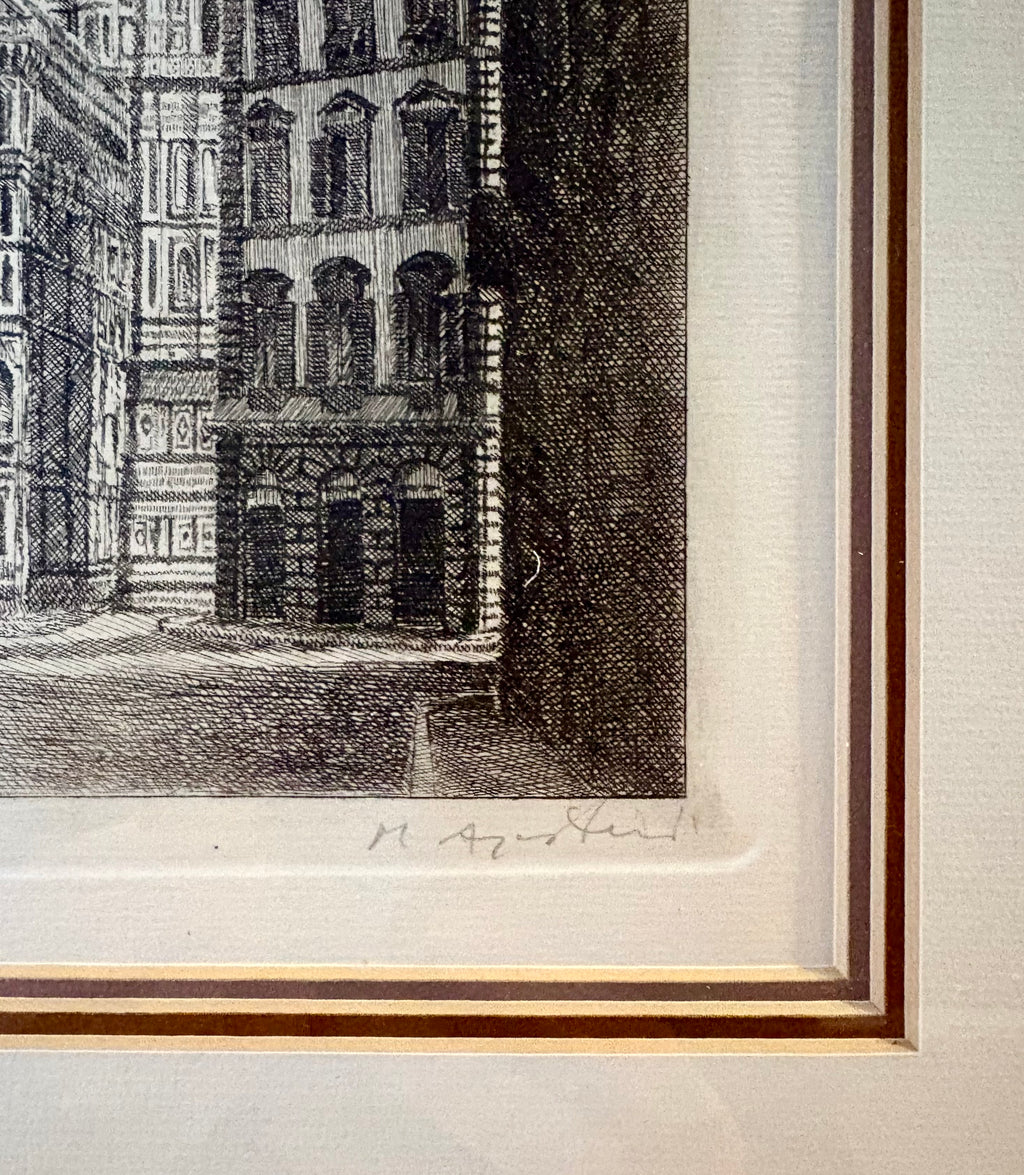 Signed original etching, Florence, framed vintage art
