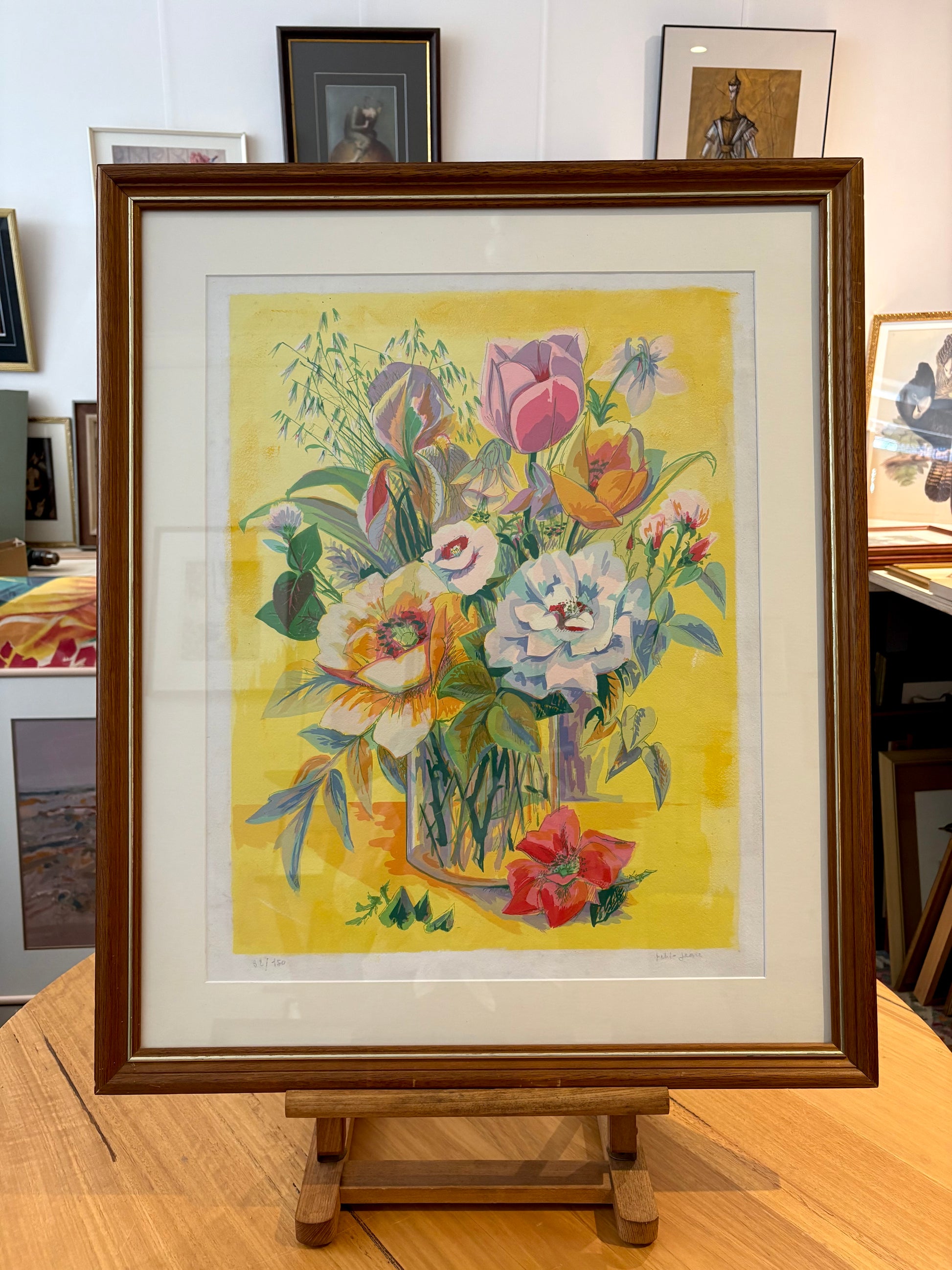 Large limited edition lithographic print, signed, floral bouquet, vintage