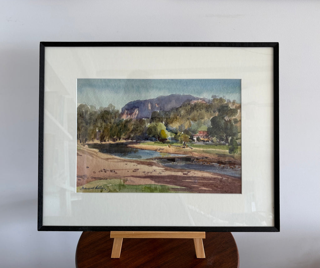 Mid Century original watercolour painting, Dermont Hellier, Australian landscape, framed art