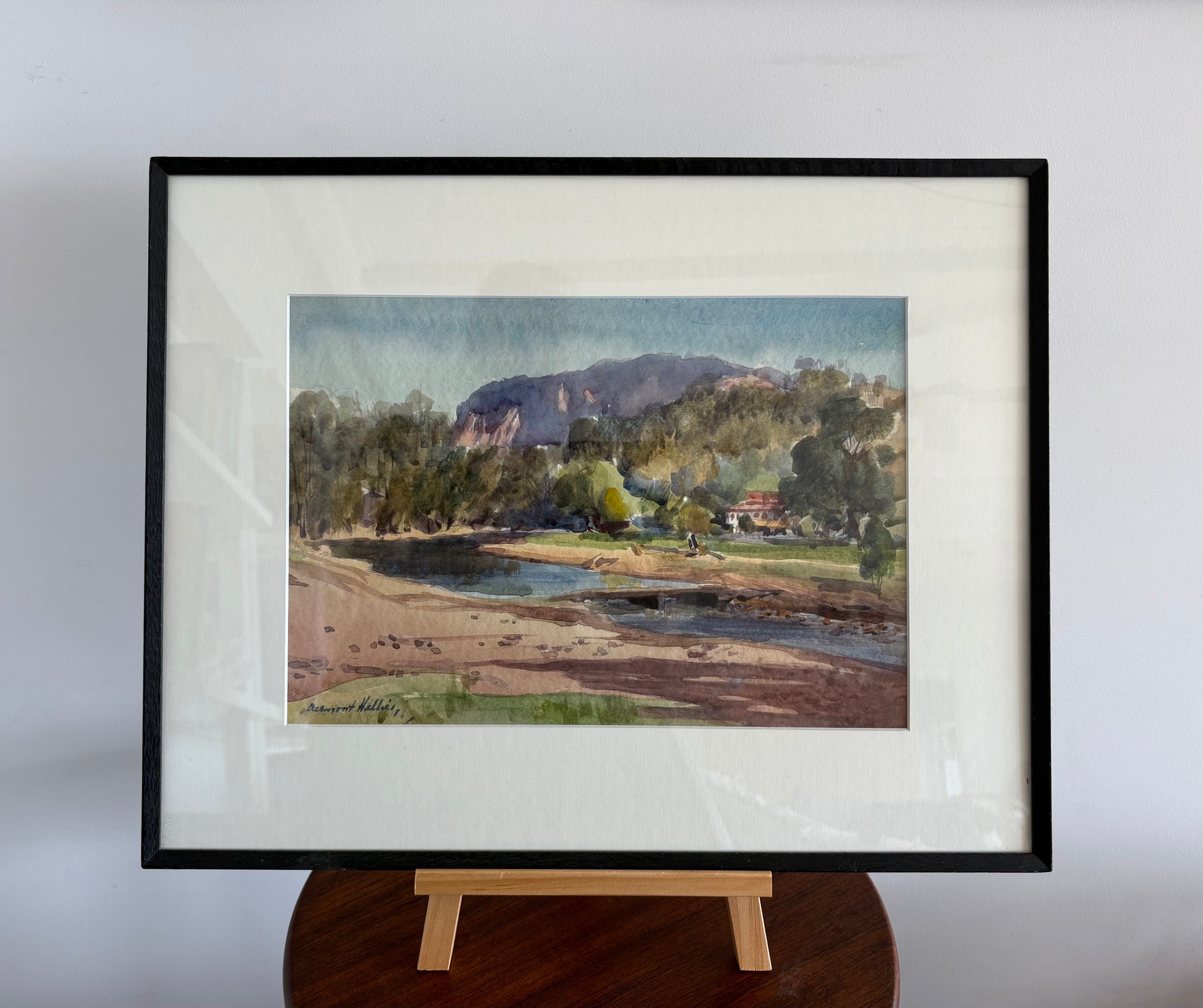 Mid Century original watercolour painting, Dermont Hellier, Australian landscape, framed art