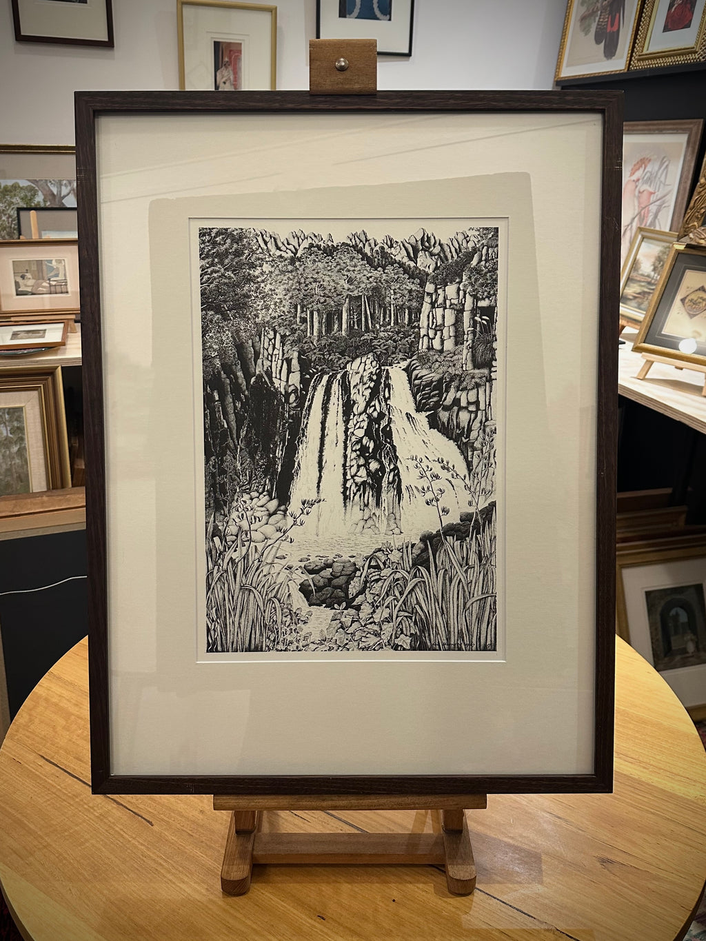 1970s Rei Hamon lithographic print, waterfall, New Zealand, framed vintage art