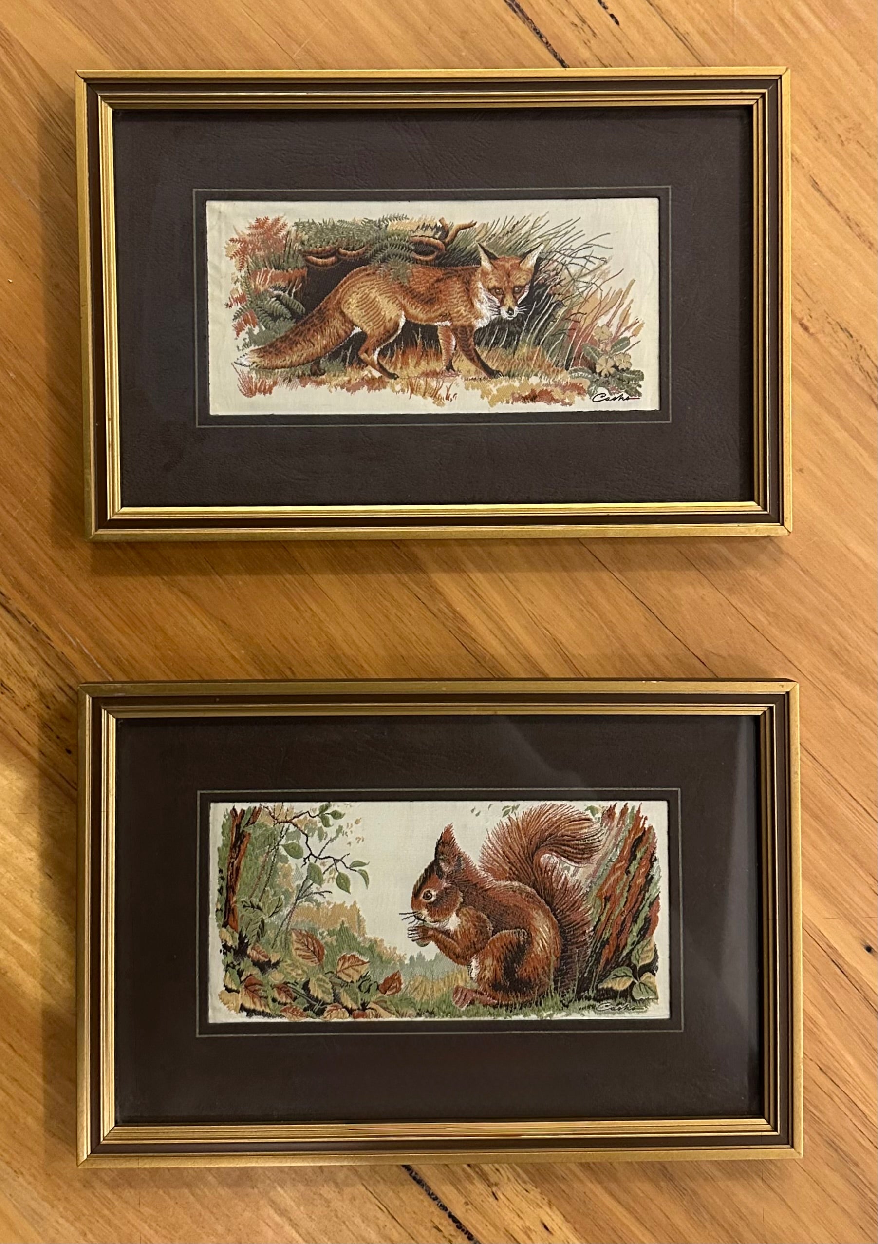 Vintage pair Cash’s of Coventry woven silk, fox, squirrel, artwork, framed