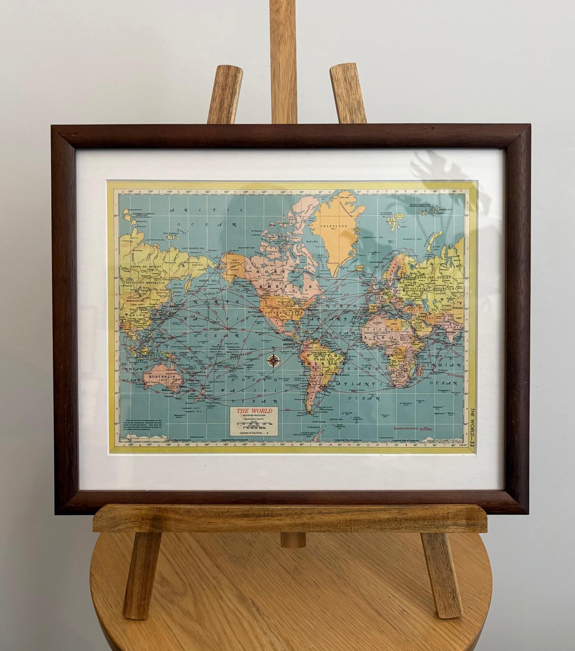 1950s vintage mid century framed map of The World