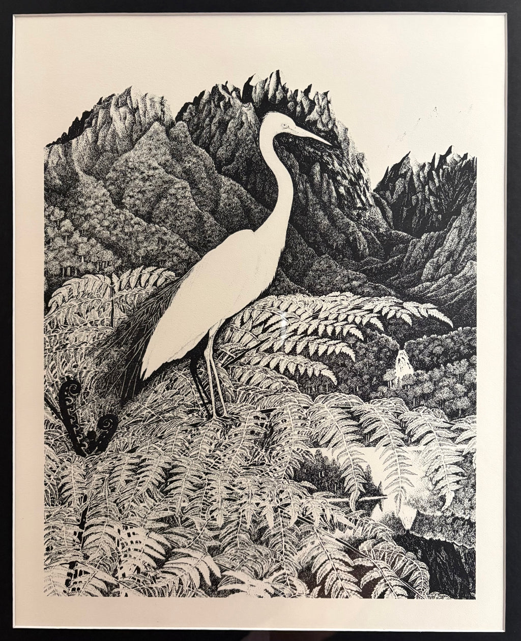 1970s Rei Hamon lithographic print, bird, New Zealand, framed vintage art