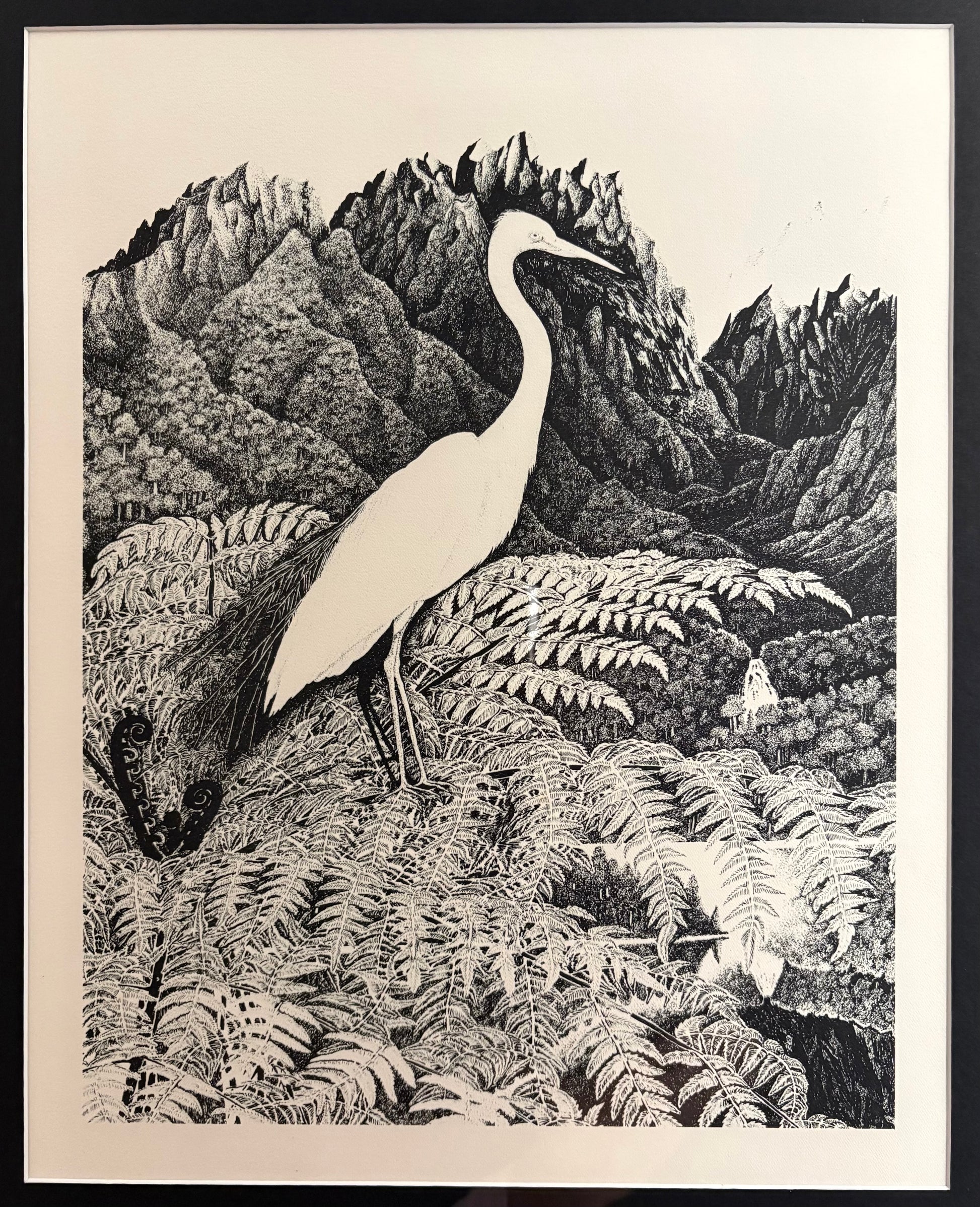 1970s Rei Hamon lithographic print, bird, New Zealand, framed vintage art