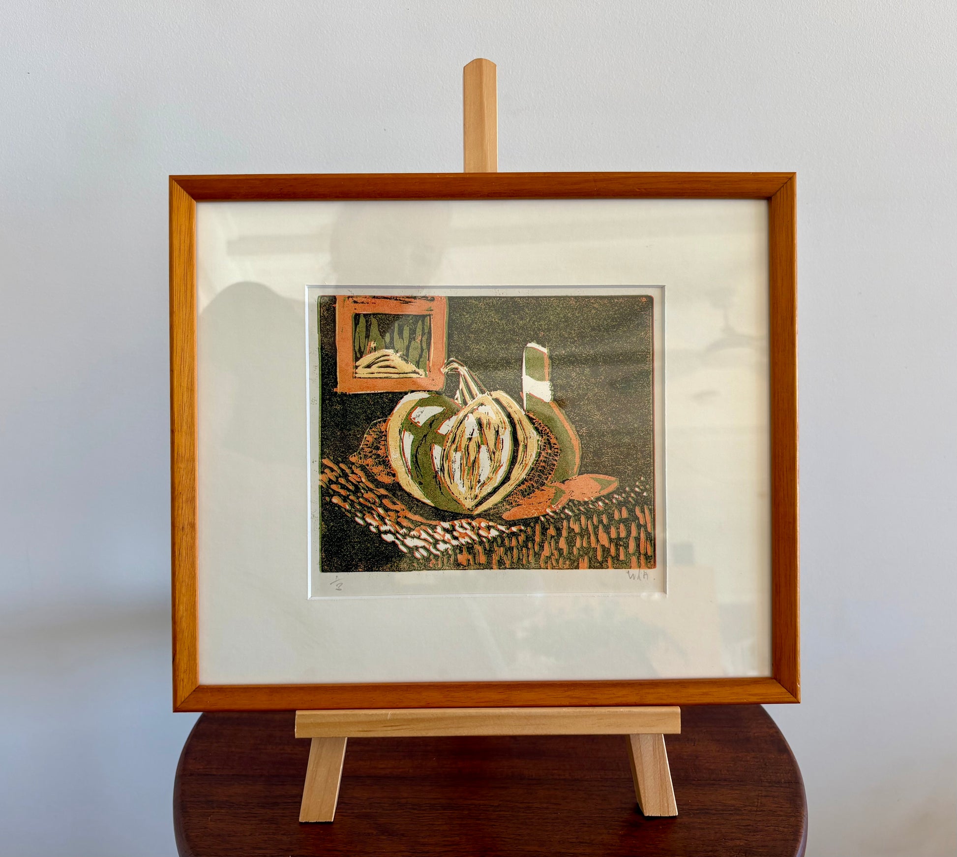 Vintage Lino print, still life, pumpkin, signed limited edition framed art