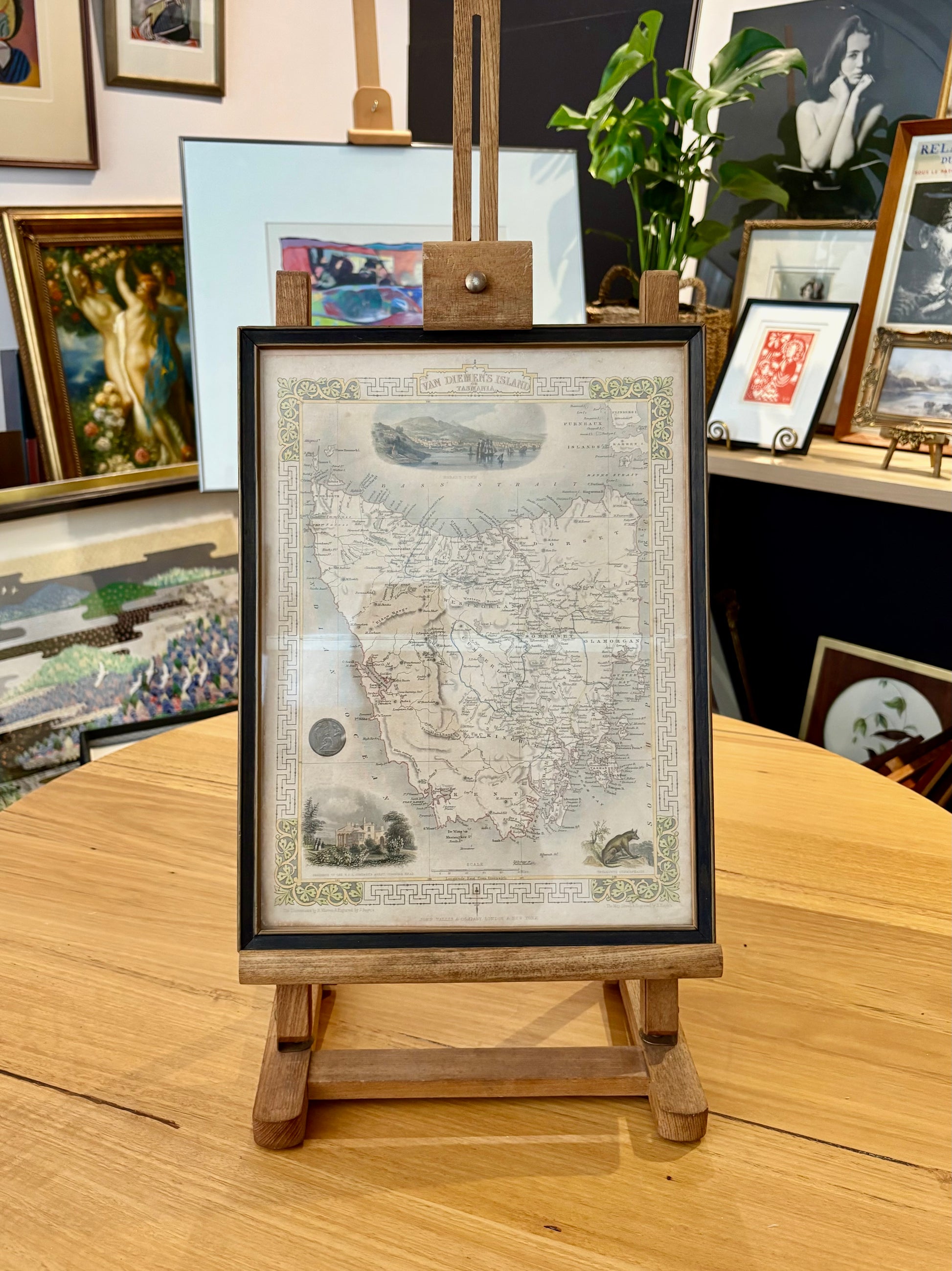 1850s antique map of Tasmania, engraved, hand coloured, Tallis, vintage framed art