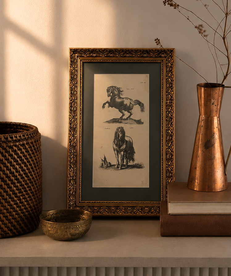 1657 Authentic antique engraving, horses, gilt framed artwork