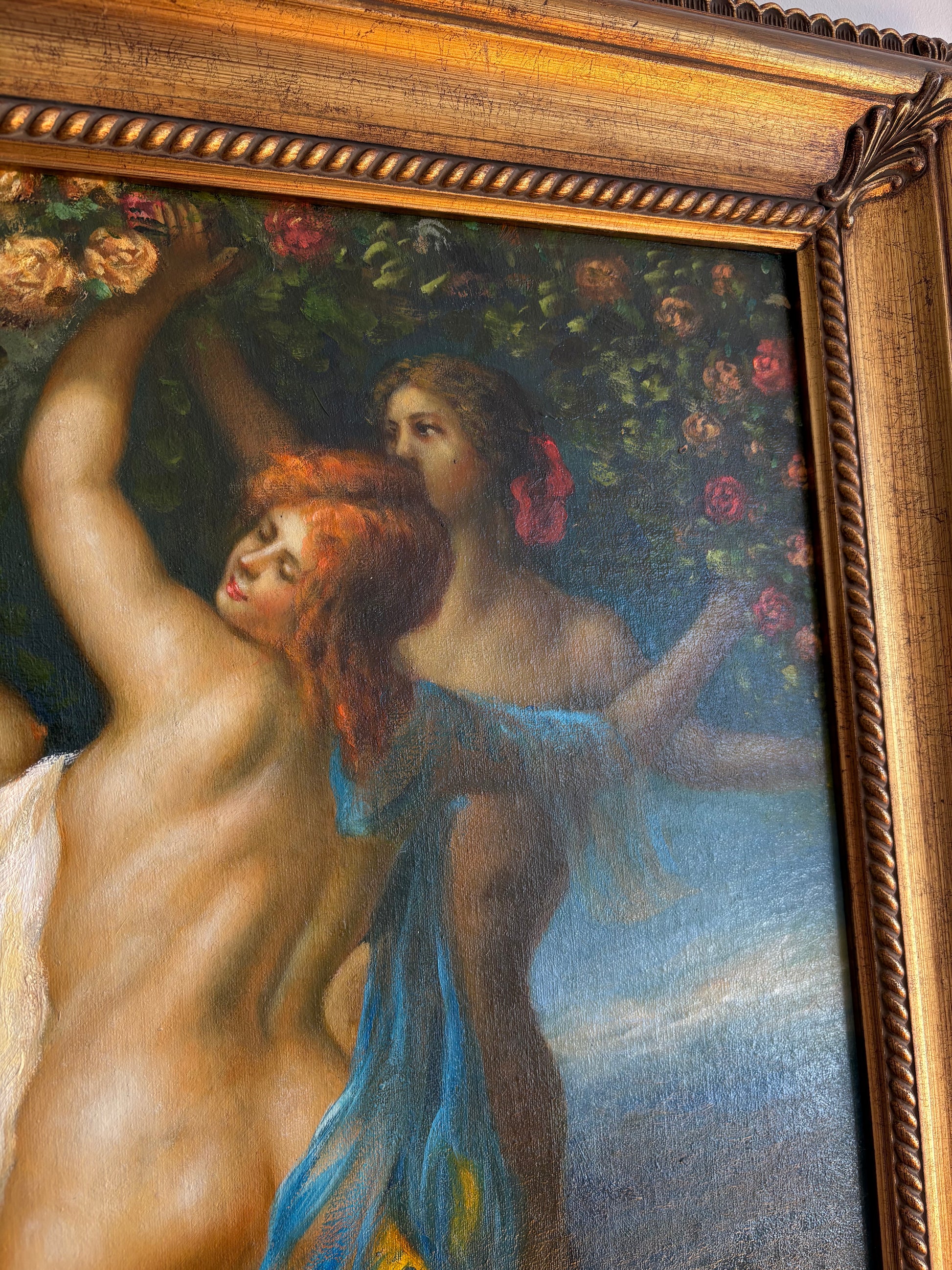 Large sized original painting, “Three Graces”, Mythical, gilt framed art