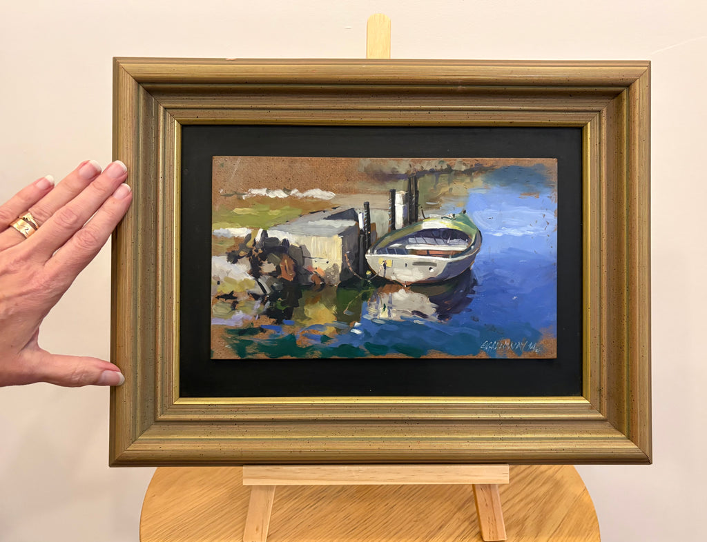 Original Graham Galloway oil painting on board, boat, vintage framed artwork
