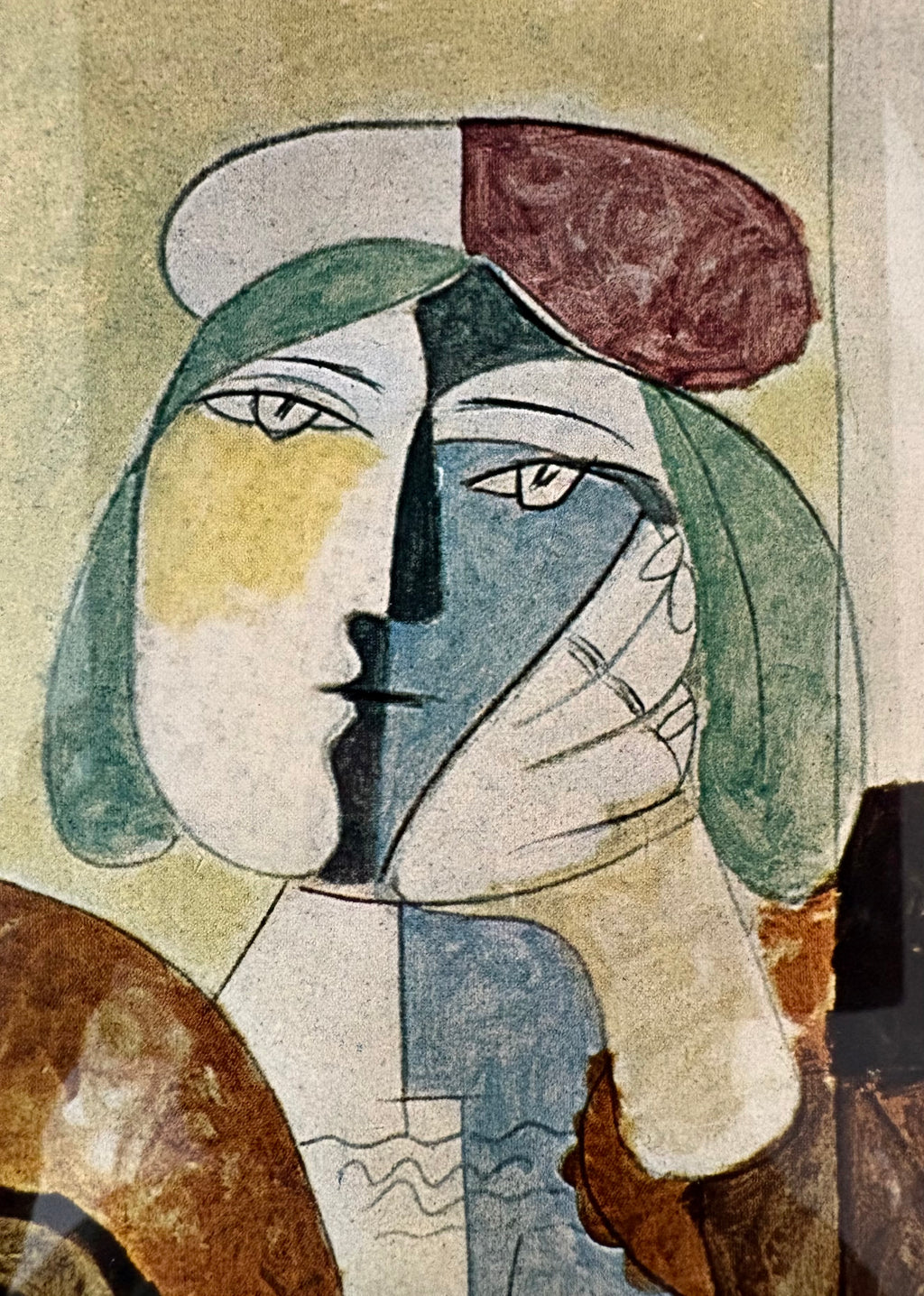 1960s Picasso print, portrait, vintage framed art, “Woman with Red Beret” Mid Century