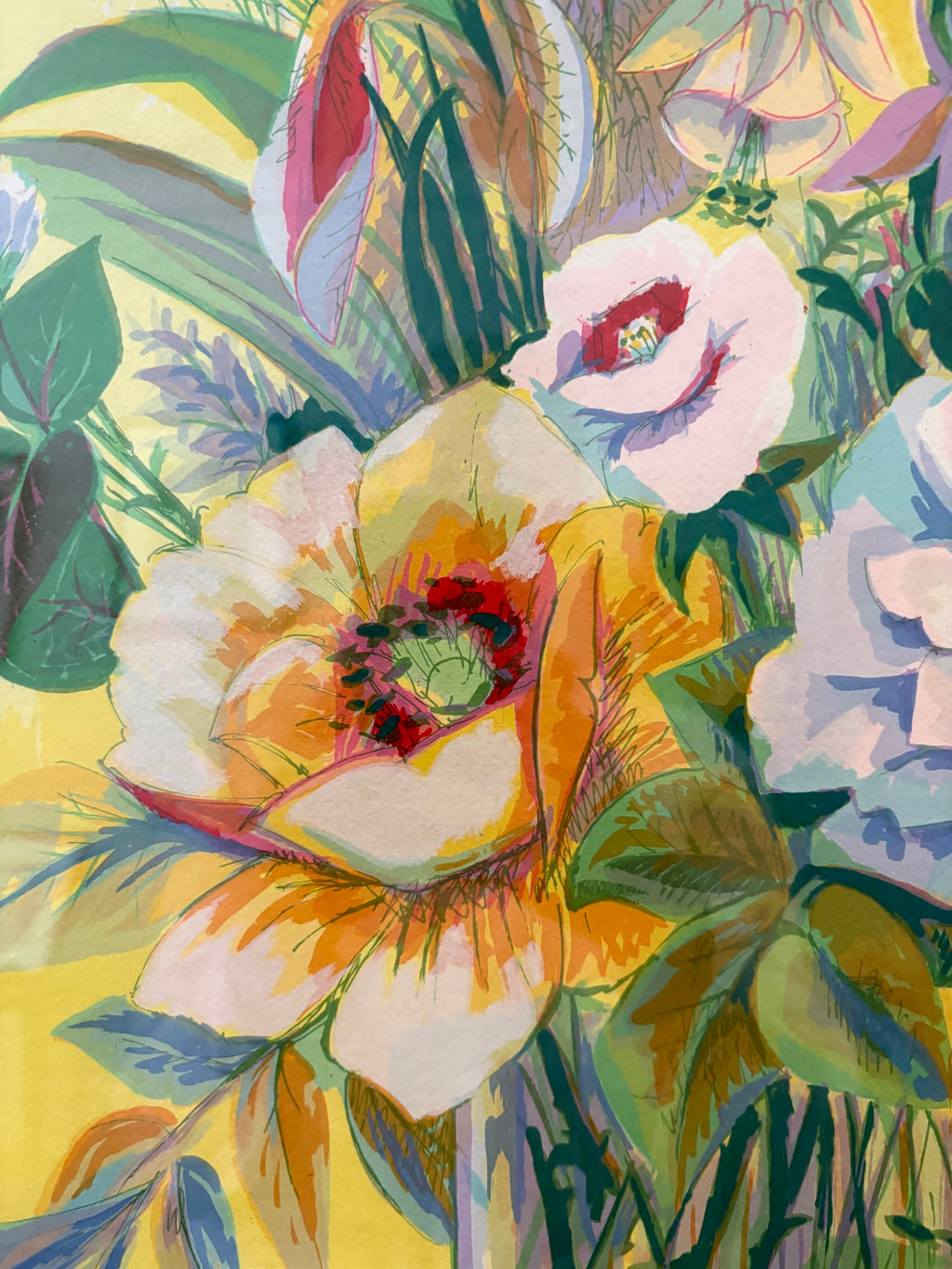 Large limited edition lithographic print, signed, floral bouquet, vintage