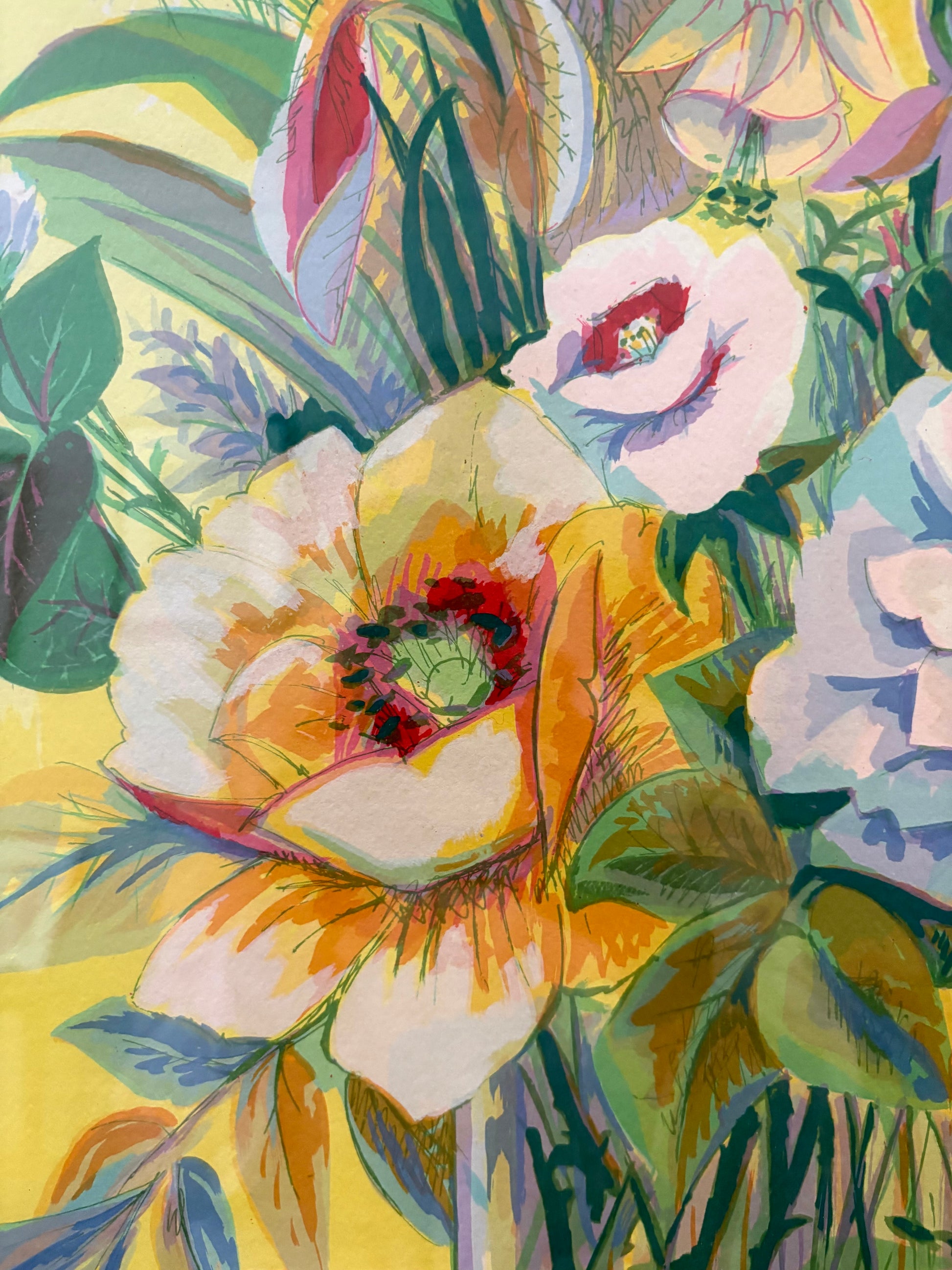 Large limited edition lithographic print, signed, floral bouquet, vintage