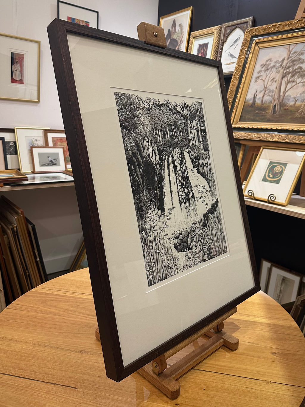 1970s Rei Hamon lithographic print, waterfall, New Zealand, framed vintage art