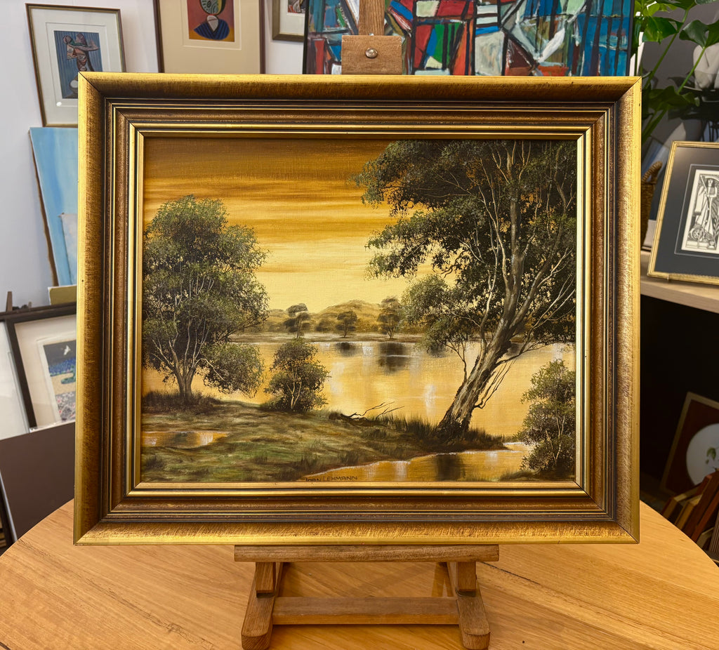 1970s original Joan Lehmann oil painting on canvas, Sunset, Australian landscape, framed art
