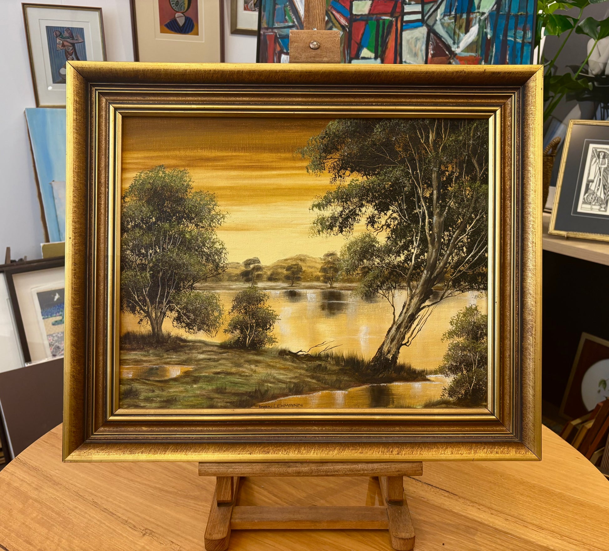 1970s original Joan Lehmann oil painting on canvas, Sunset, Australian landscape, framed art