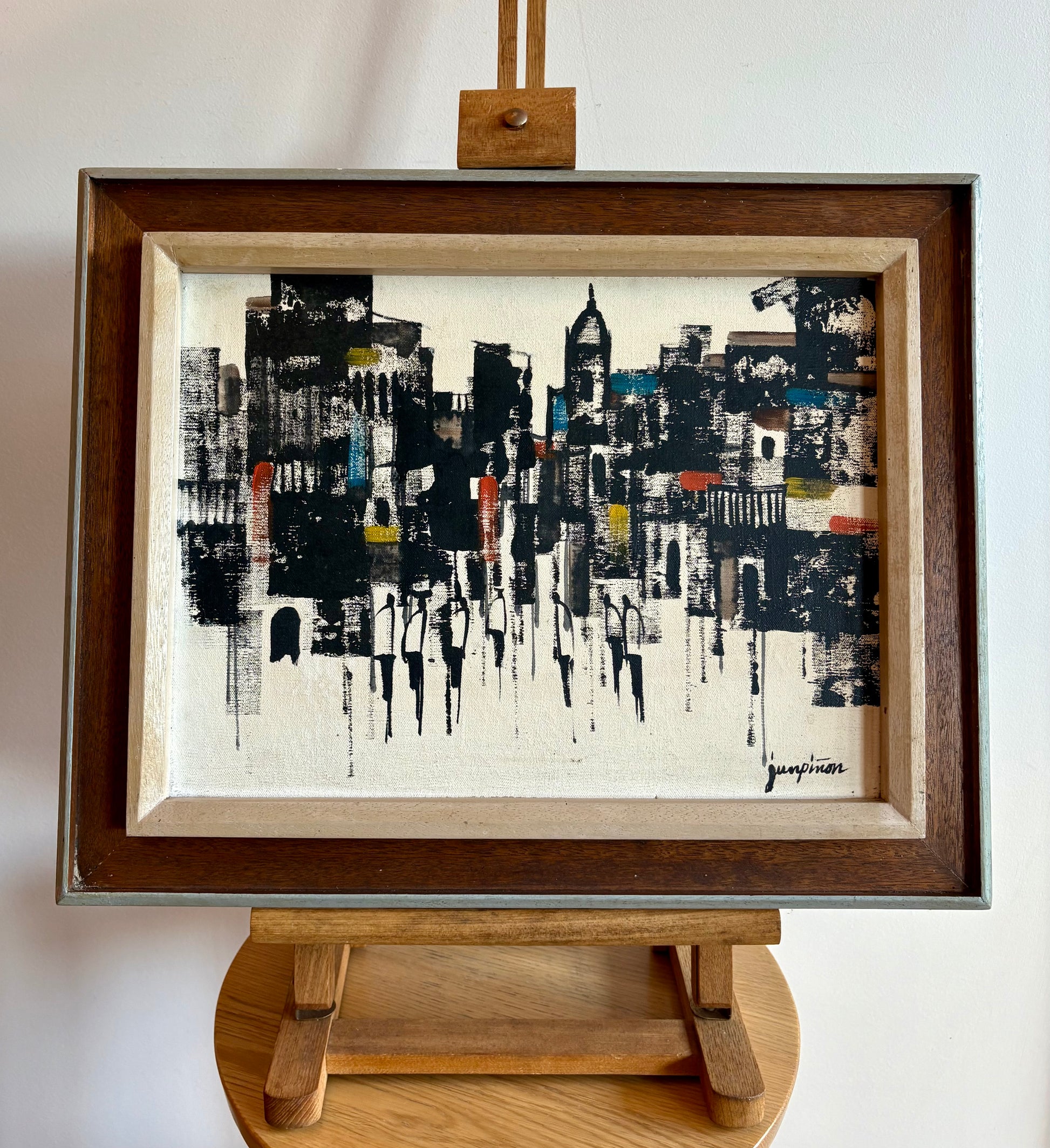 Vintage original painting on canvas, Perfecto Pinon, signed framed artwork, Modernist art